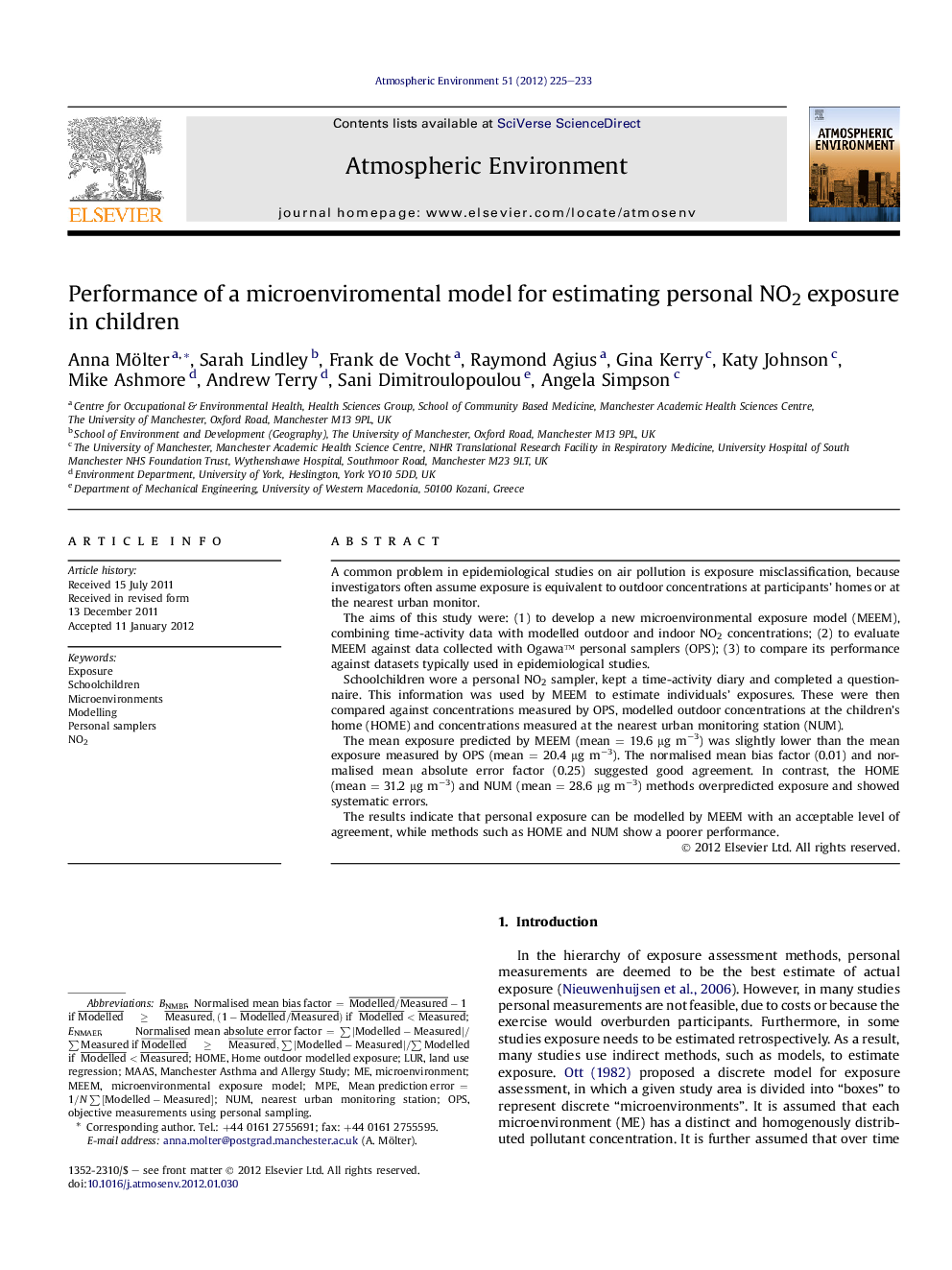 Performance of a microenviromental model for estimating personal NO2 exposure in children