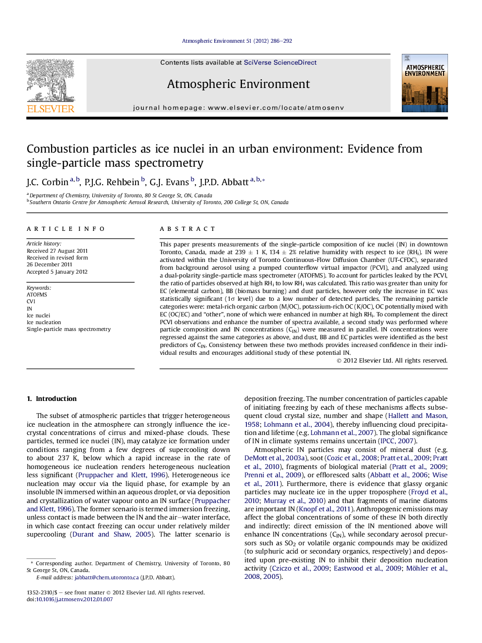 Combustion particles as ice nuclei in an urban environment: Evidence from single-particle mass spectrometry