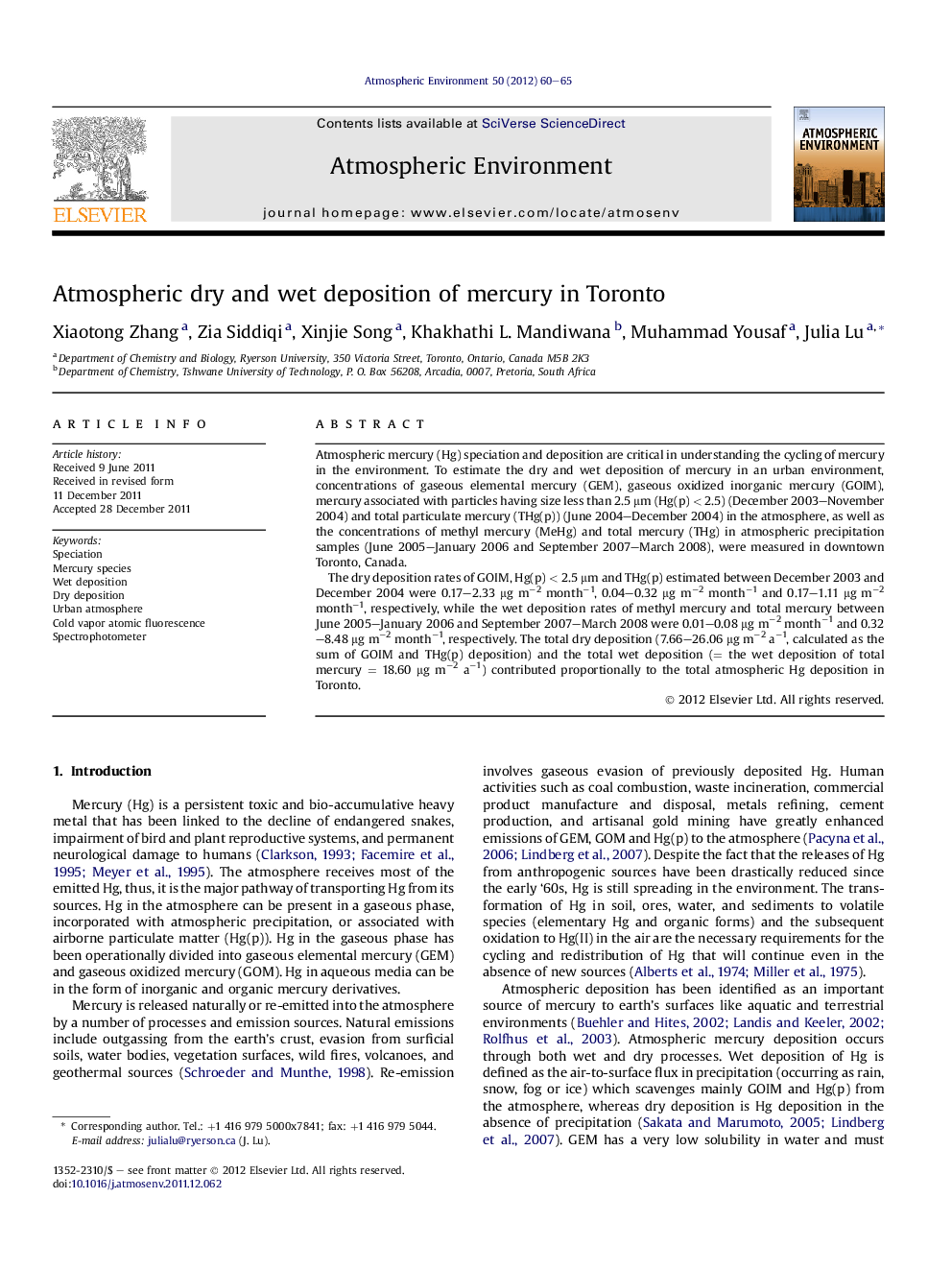 Atmospheric dry and wet deposition of mercury in Toronto