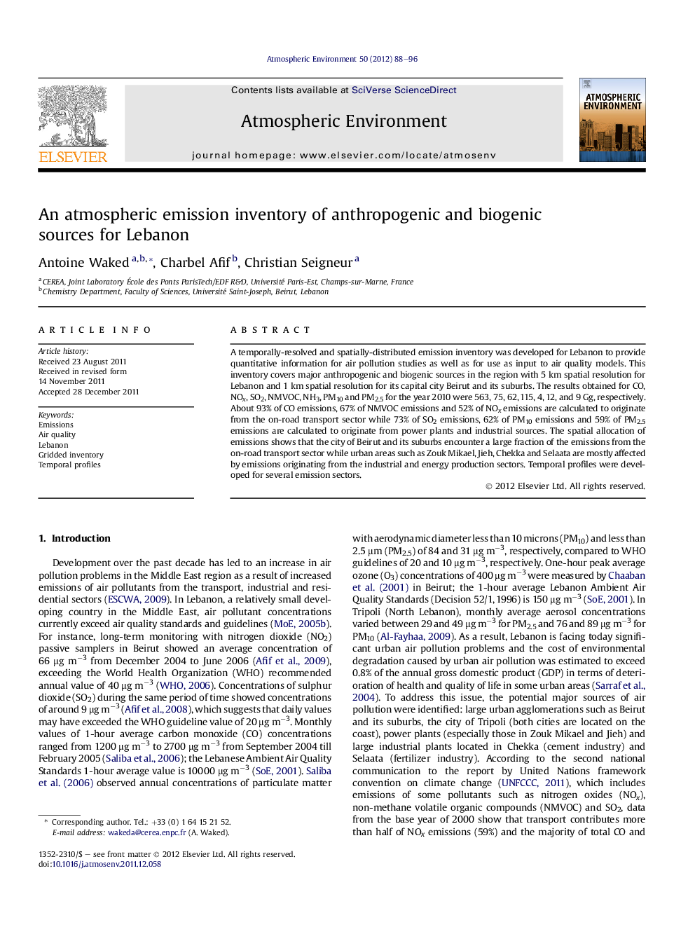 An atmospheric emission inventory of anthropogenic and biogenic sources for Lebanon