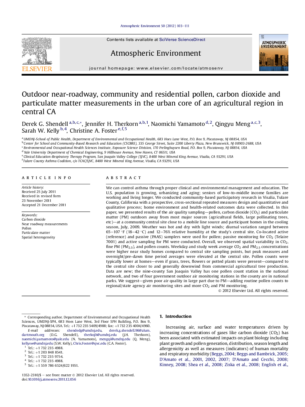 Outdoor near-roadway, community and residential pollen, carbon dioxide and particulate matter measurements in the urban core of an agricultural region in central CA