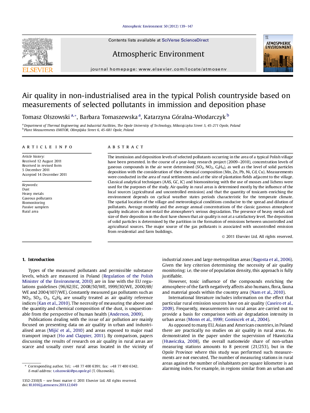 Air quality in non-industrialised area in the typical Polish countryside based on measurements of selected pollutants in immission and deposition phase