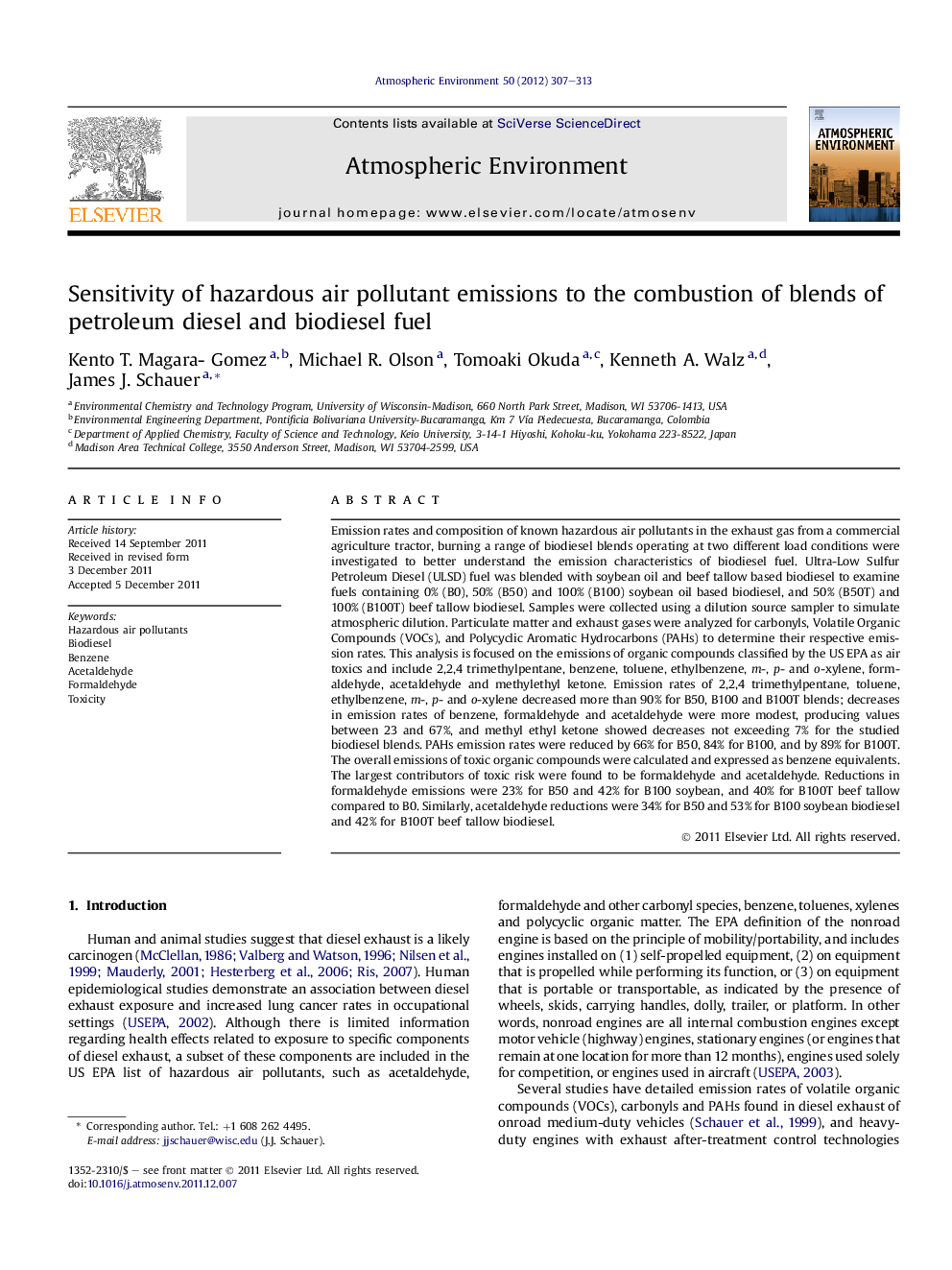 Sensitivity of hazardous air pollutant emissions to the combustion of blends of petroleum diesel and biodiesel fuel