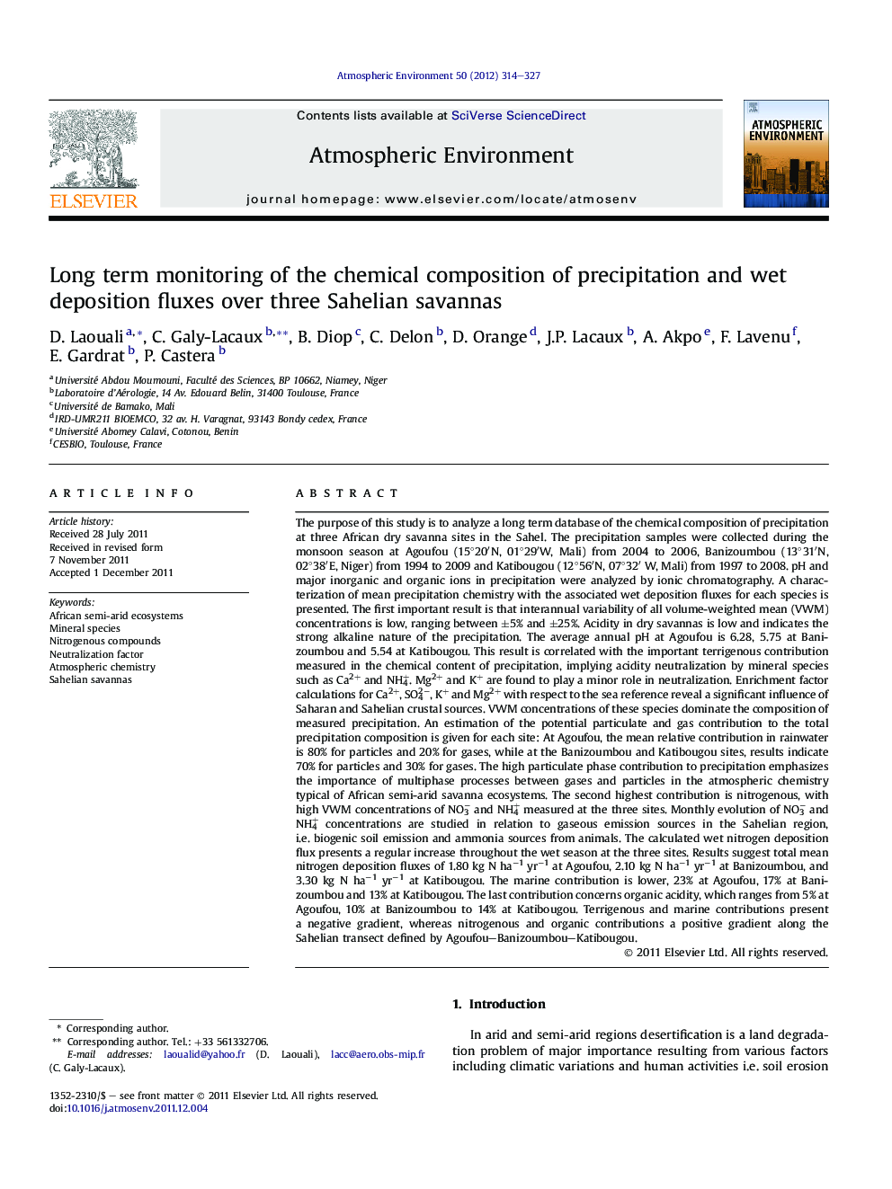 Long term monitoring of the chemical composition of precipitation and wet deposition fluxes over three Sahelian savannas