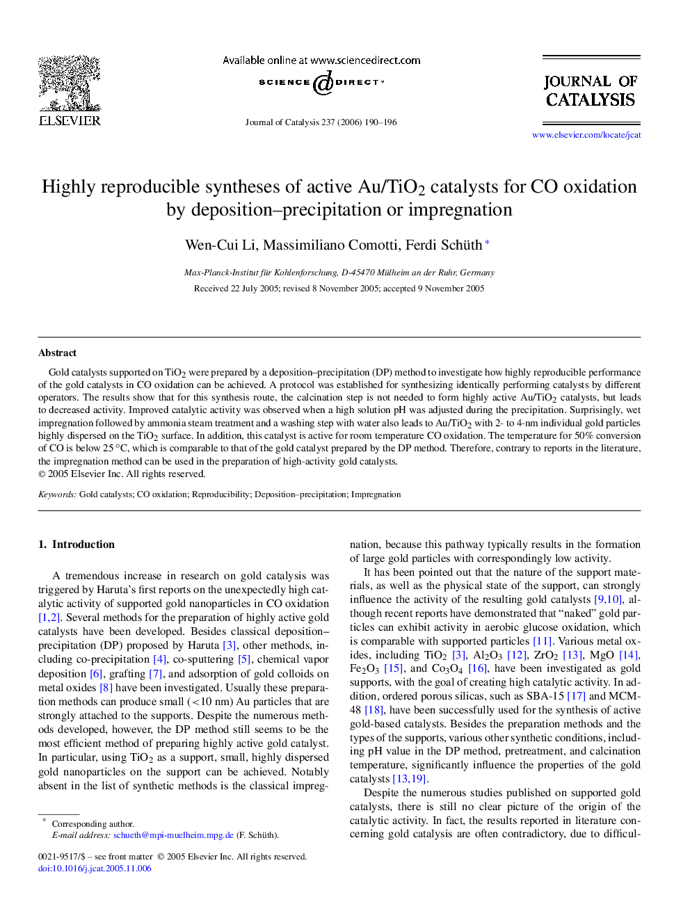 Highly reproducible syntheses of active Au/TiO2 catalysts for CO oxidation by deposition–precipitation or impregnation