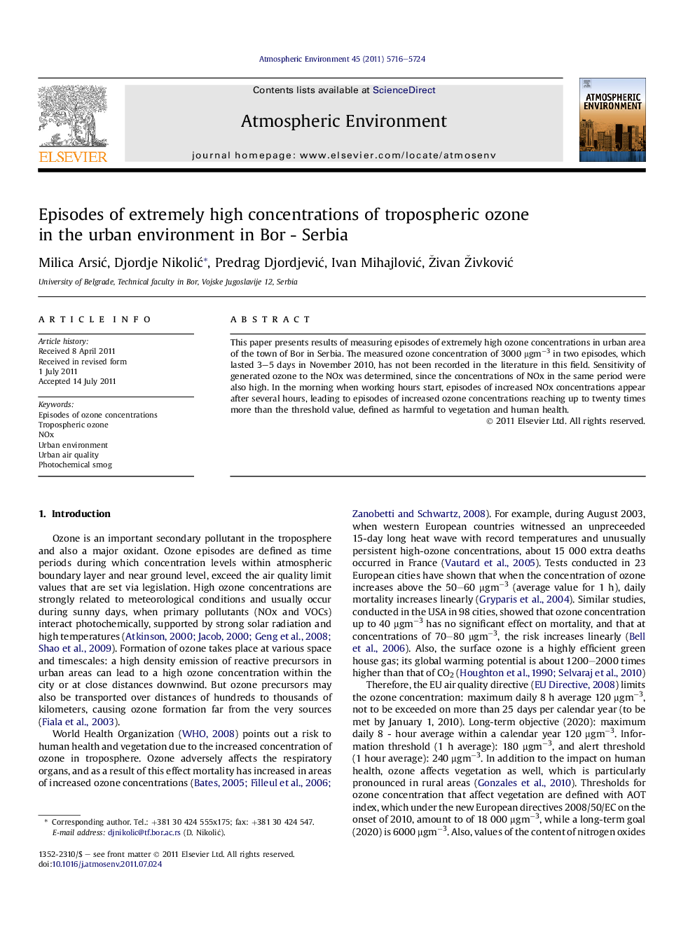 Episodes of extremely high concentrations of tropospheric ozone in the urban environment in Bor - Serbia