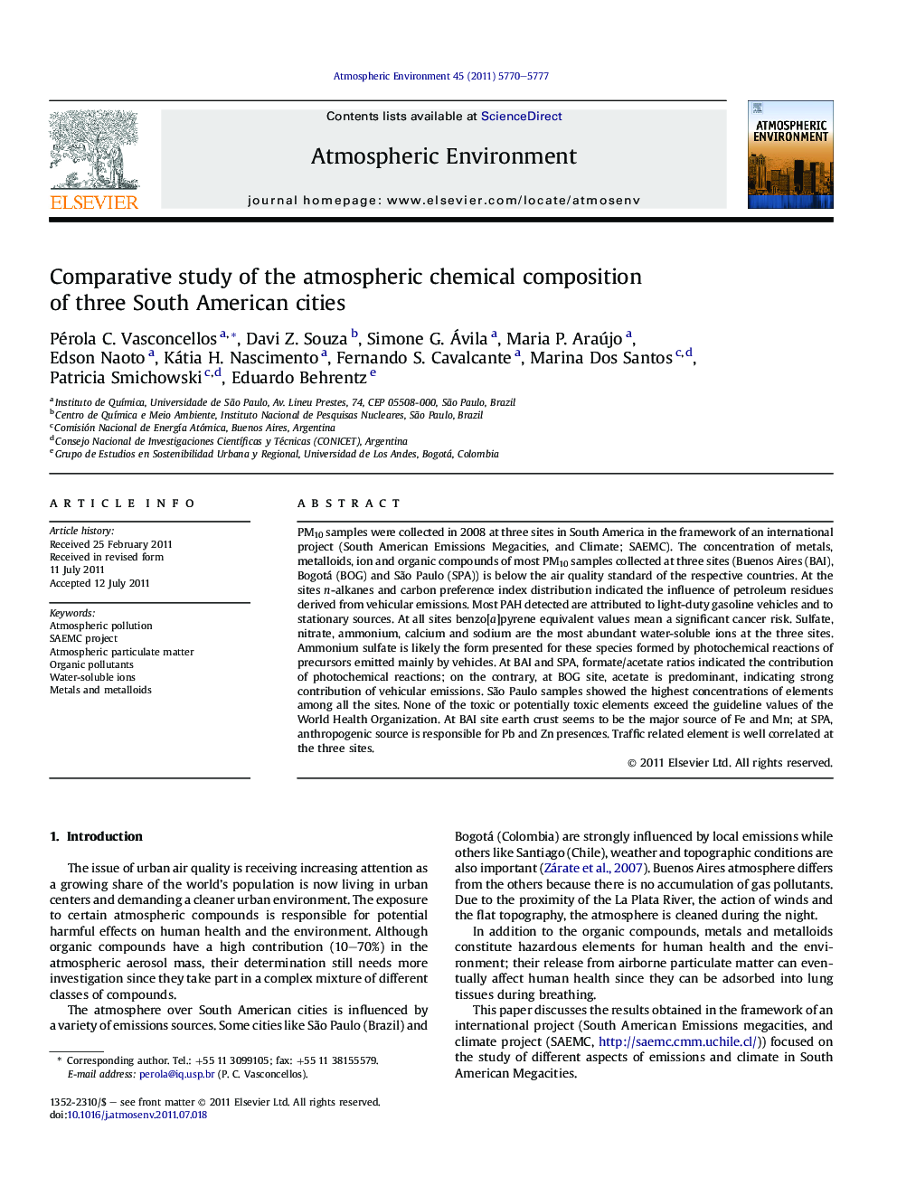 Comparative study of the atmospheric chemical composition of three South American cities