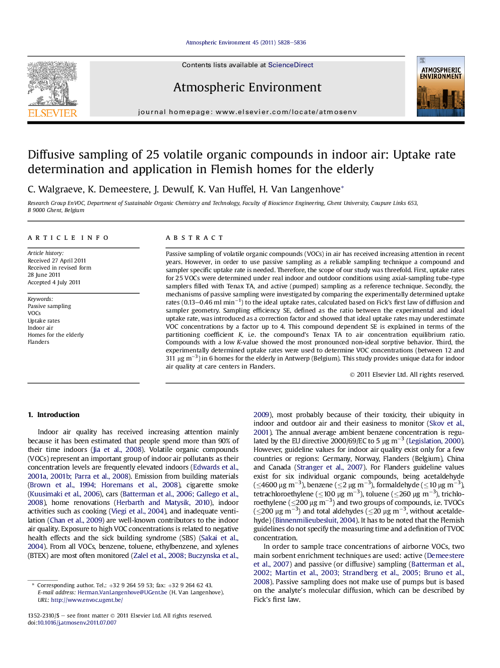 Diffusive sampling of 25 volatile organic compounds in indoor air: Uptake rate determination and application in Flemish homes for the elderly