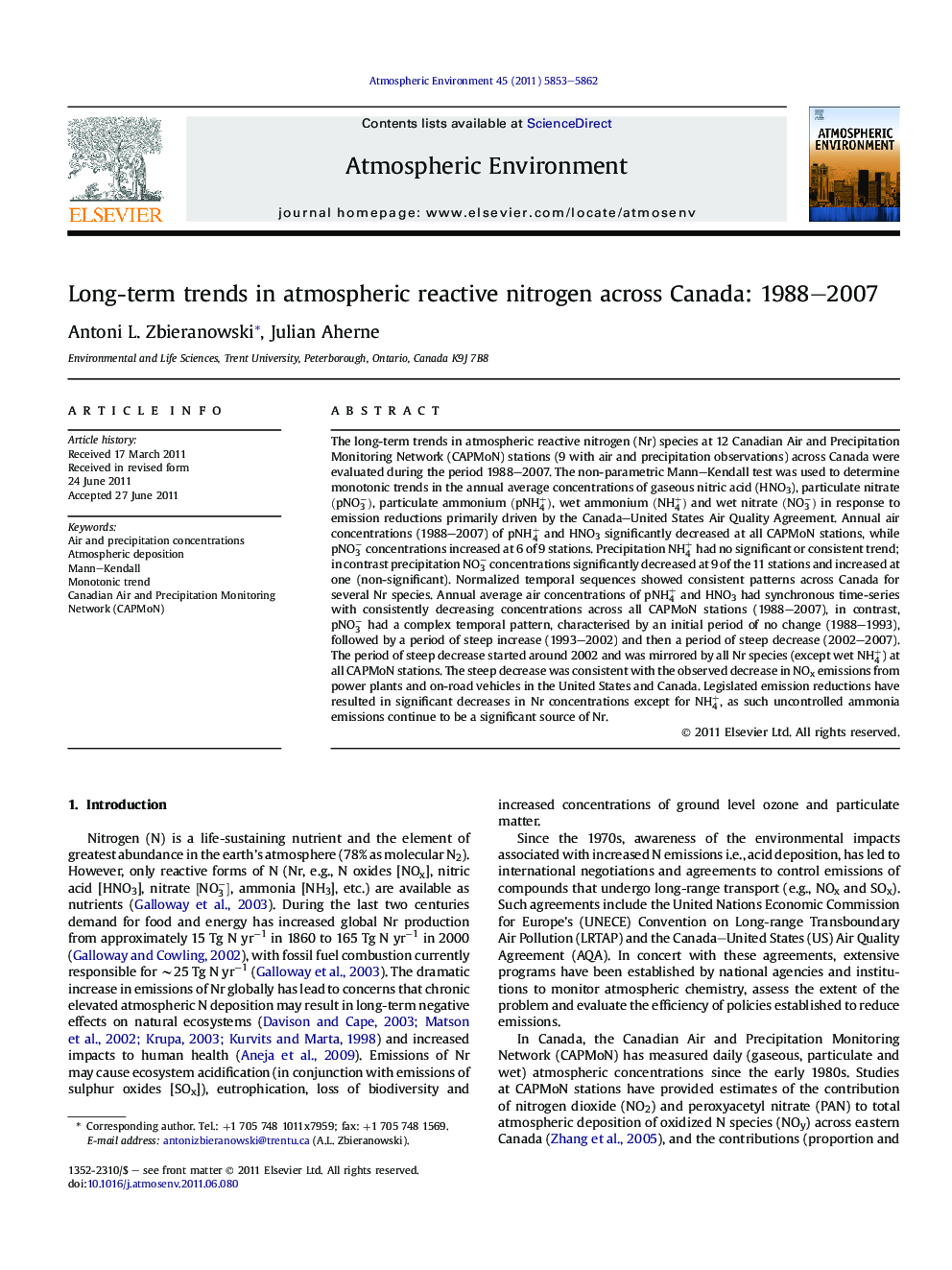 Long-term trends in atmospheric reactive nitrogen across Canada: 1988-2007