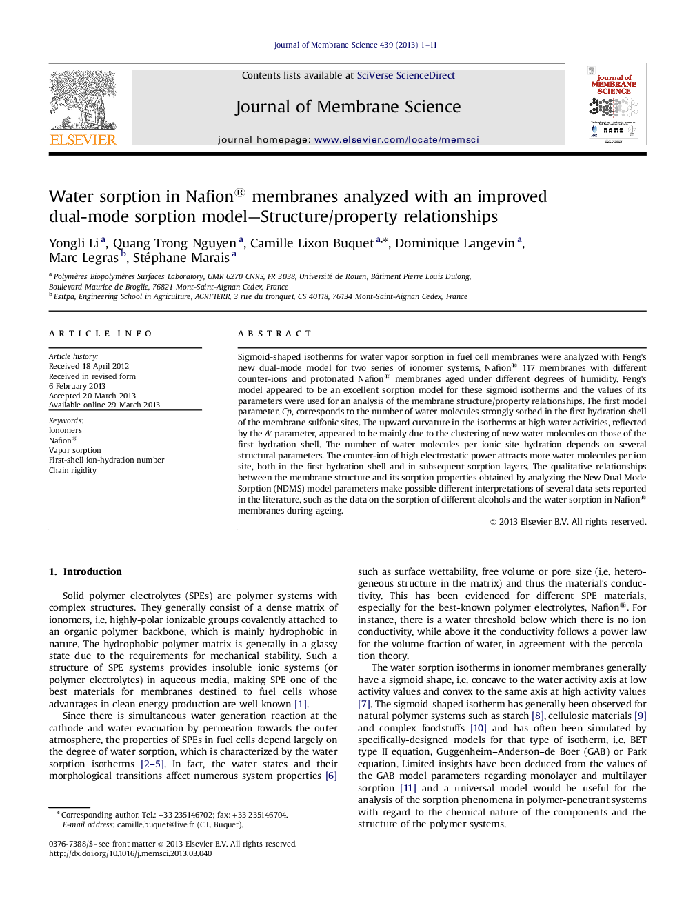 Water sorption in Nafion® membranes analyzed with an improved dual-mode sorption model—Structure/property relationships