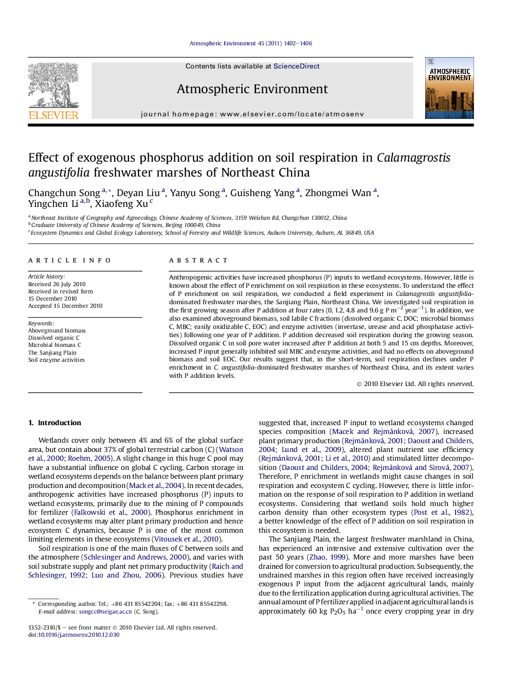 Effect of exogenous phosphorus addition on soil respiration in Calamagrostis angustifolia freshwater marshes of Northeast China