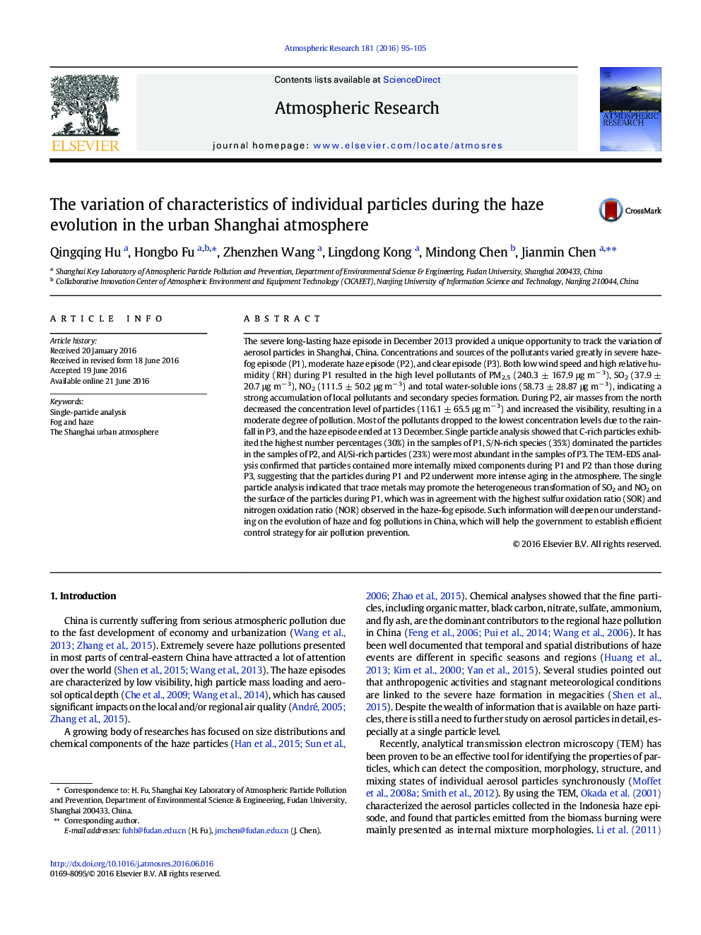 The variation of characteristics of individual particles during the haze evolution in the urban Shanghai atmosphere