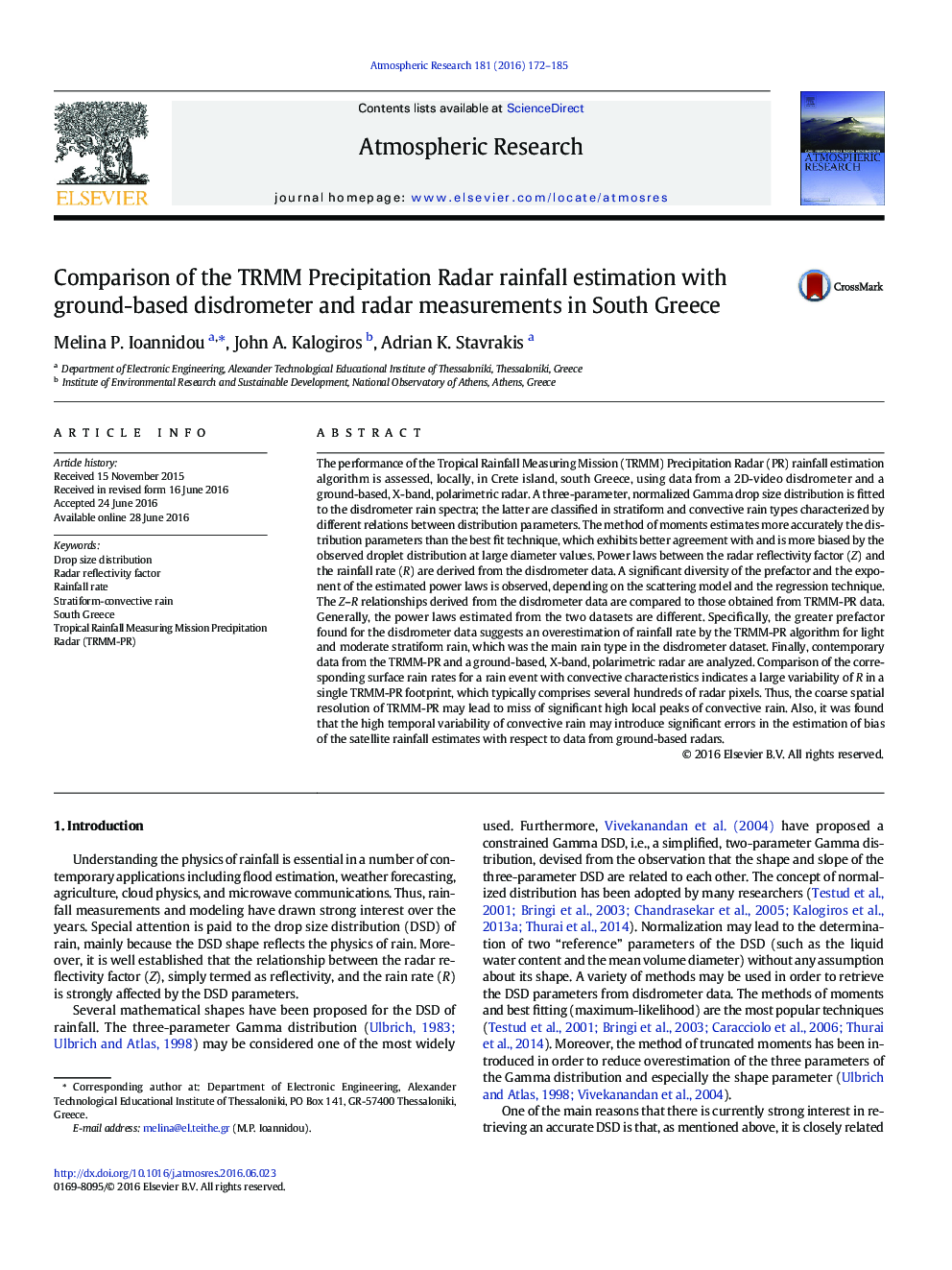 Comparison of the TRMM Precipitation Radar rainfall estimation with ground-based disdrometer and radar measurements in South Greece