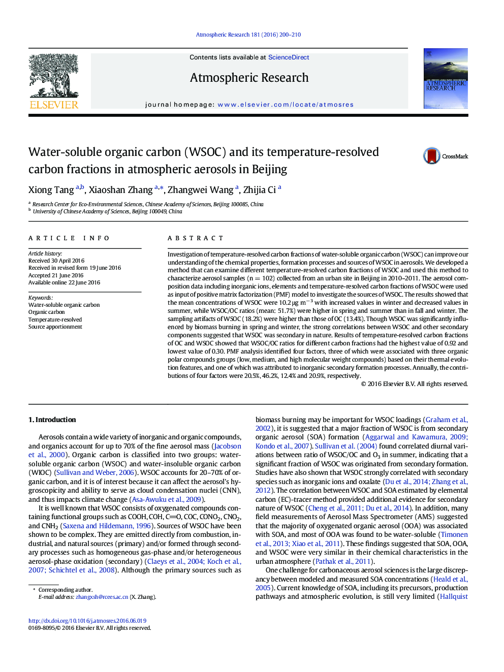 Water-soluble organic carbon (WSOC) and its temperature-resolved carbon fractions in atmospheric aerosols in Beijing