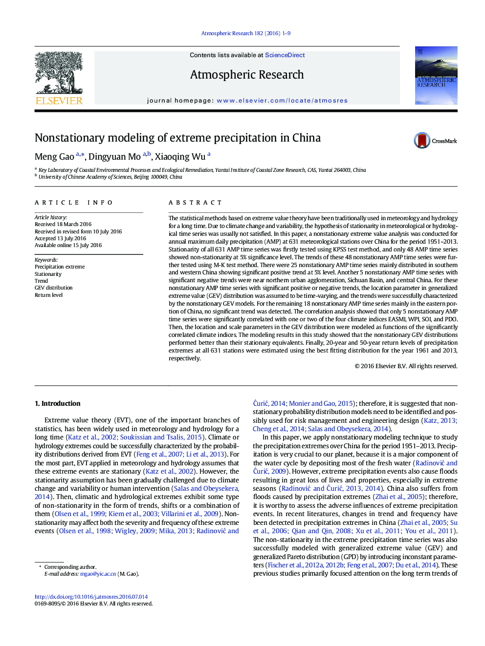 Nonstationary modeling of extreme precipitation in China