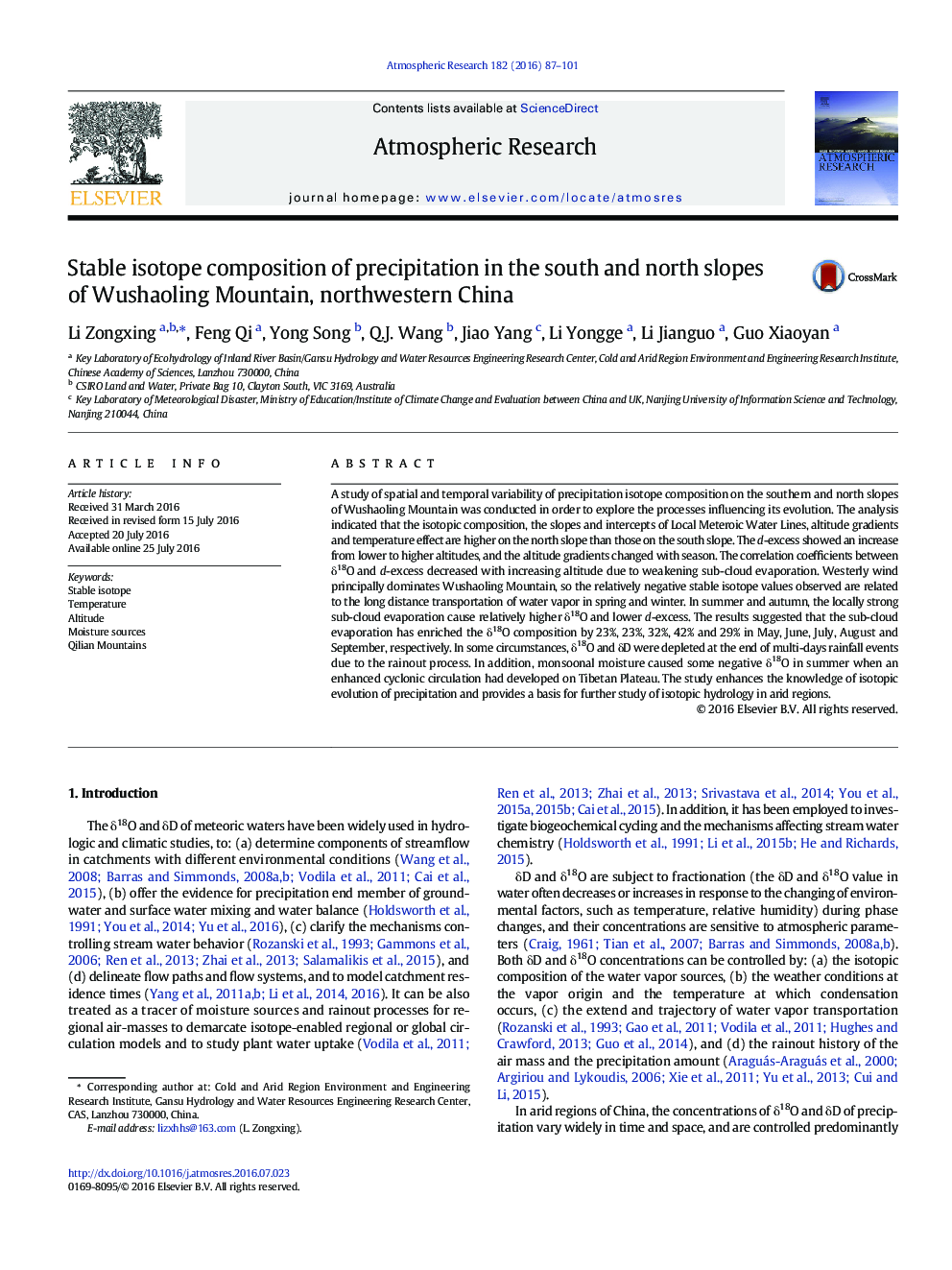 Stable isotope composition of precipitation in the south and north slopes of Wushaoling Mountain, northwestern China