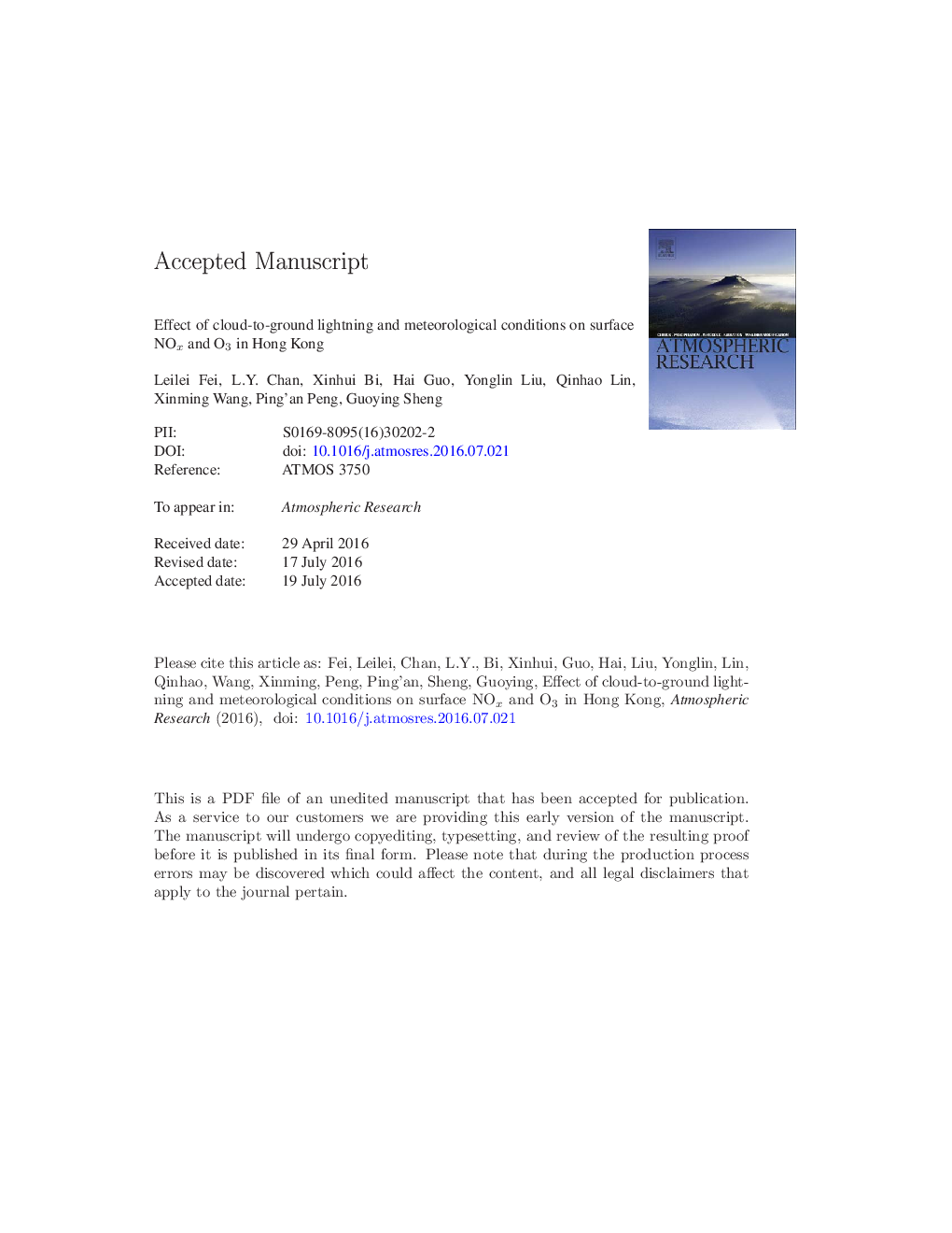 Effect of cloud-to-ground lightning and meteorological conditions on surface NOx and O3 in Hong Kong