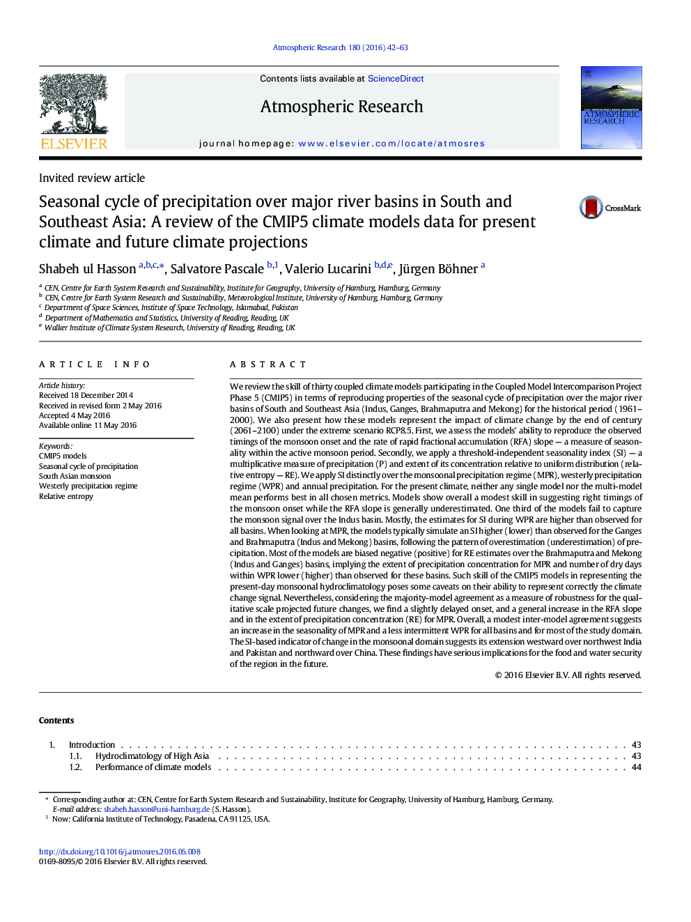 Invited review articleSeasonal cycle of precipitation over major river basins in South and Southeast Asia: A review of the CMIP5 climate models data for present climate and future climate projections