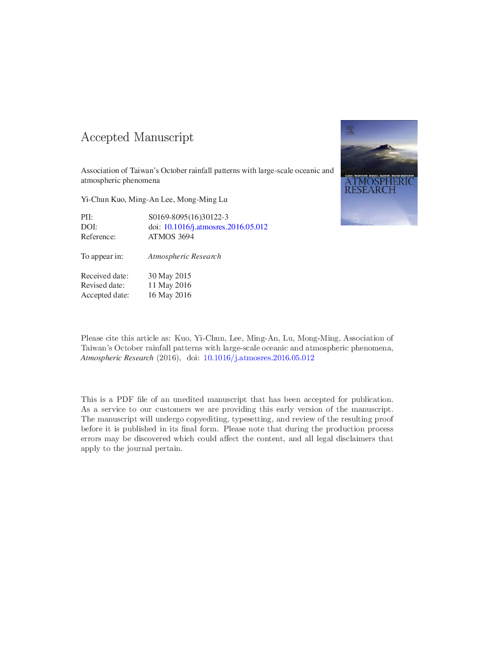 Association of Taiwan's October rainfall patterns with large-scale oceanic and atmospheric phenomena