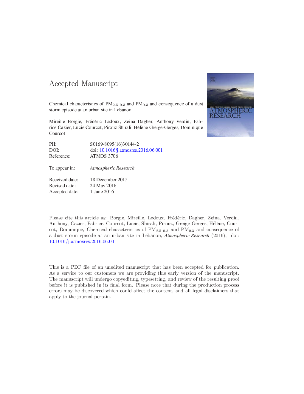 Chemical characteristics of PM2.5-0.3 and PM0.3 and consequence of a dust storm episode at an urban site in Lebanon