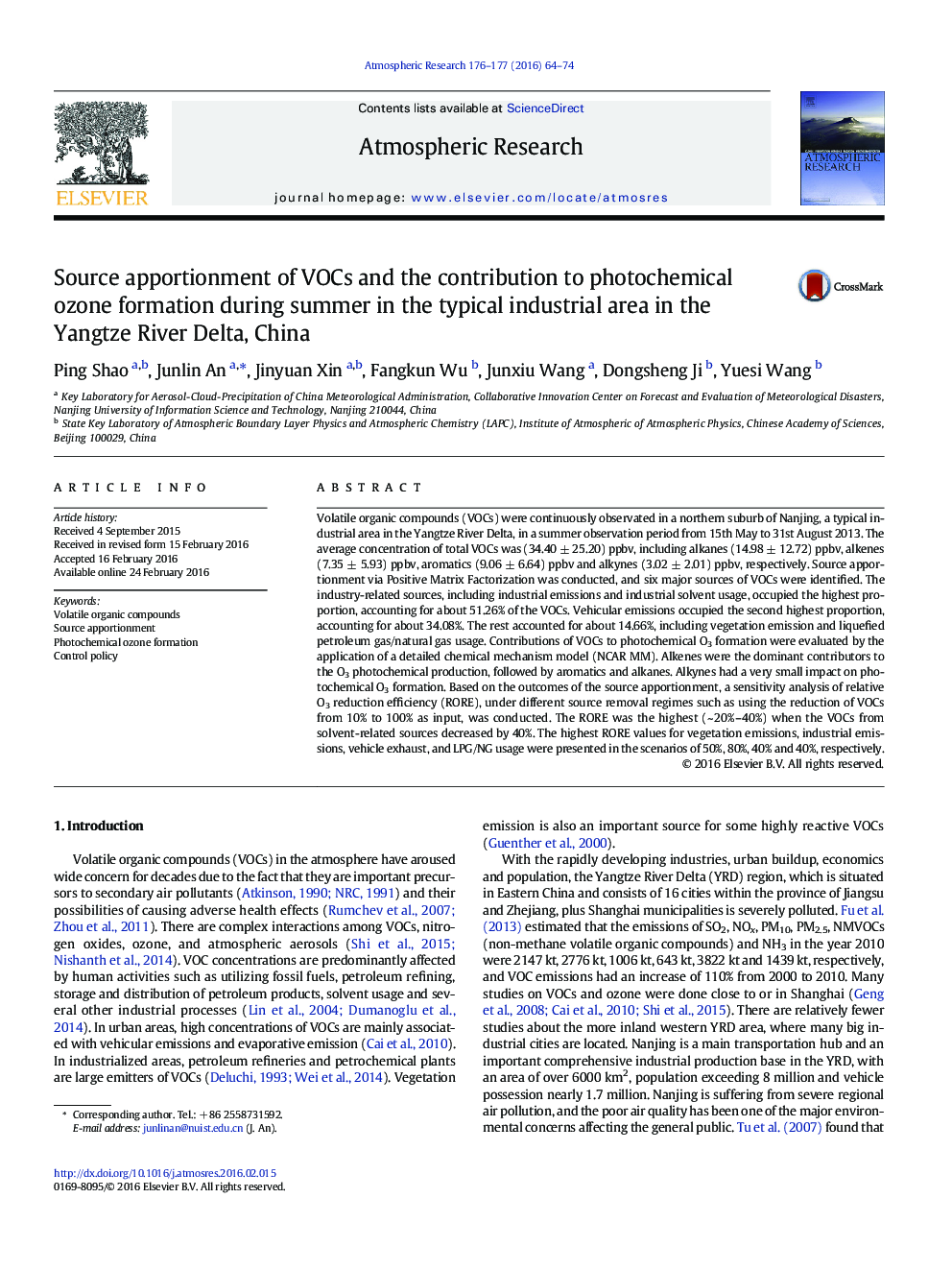 Source apportionment of VOCs and the contribution to photochemical ozone formation during summer in the typical industrial area in the Yangtze River Delta, China