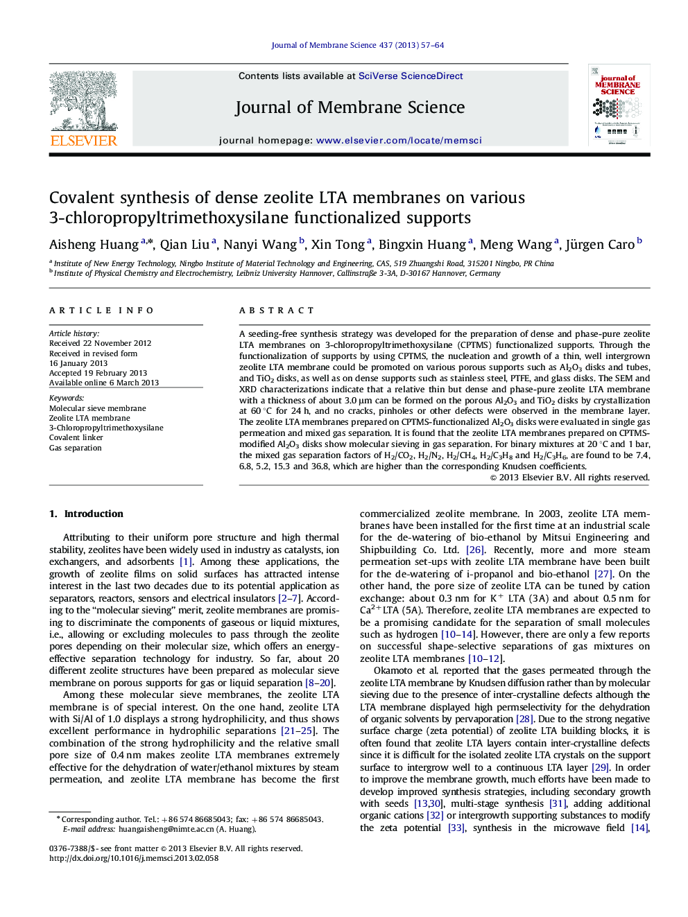 Covalent synthesis of dense zeolite LTA membranes on various 3-chloropropyltrimethoxysilane functionalized supports