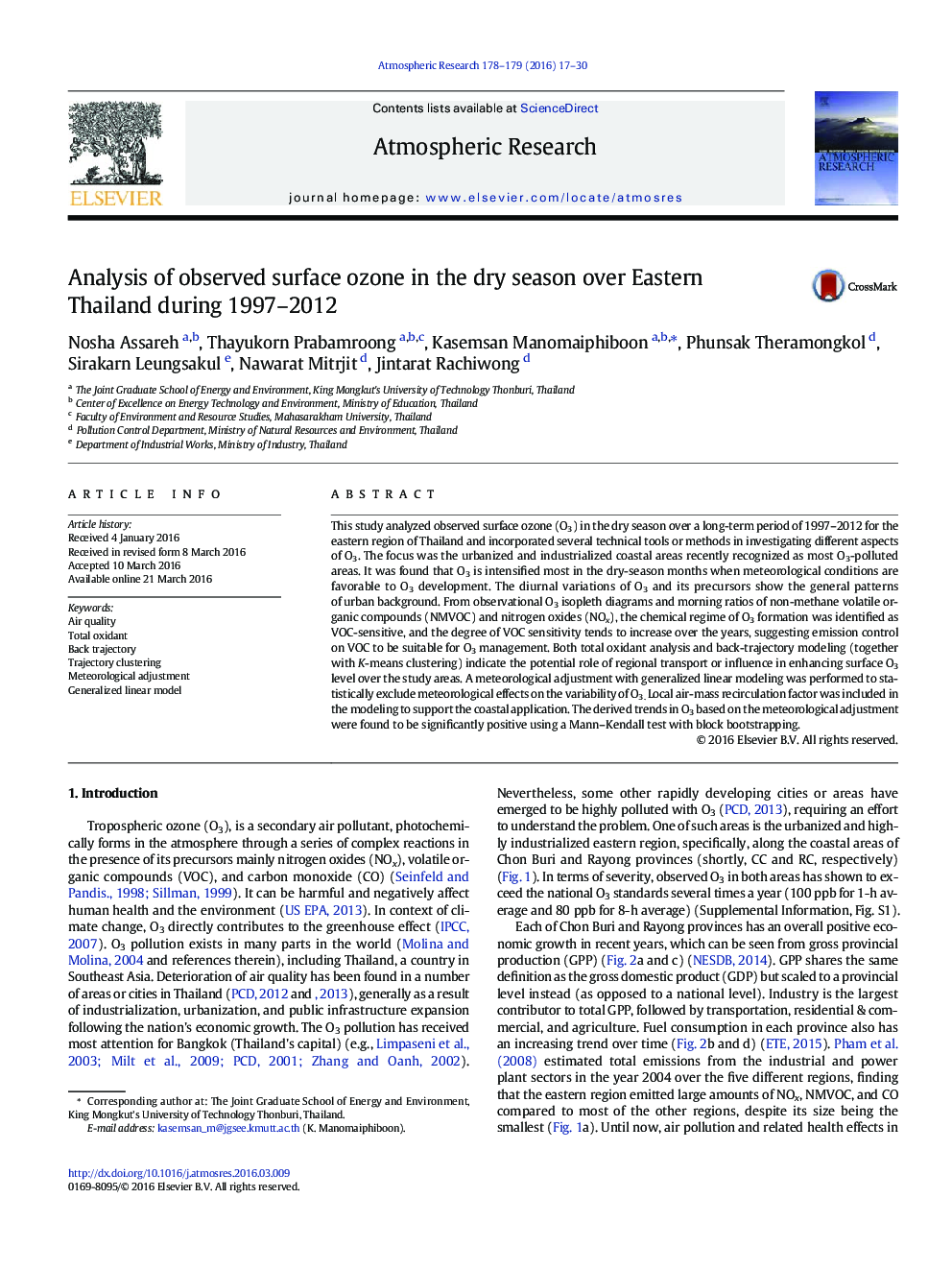 Analysis of observed surface ozone in the dry season over Eastern Thailand during 1997-2012