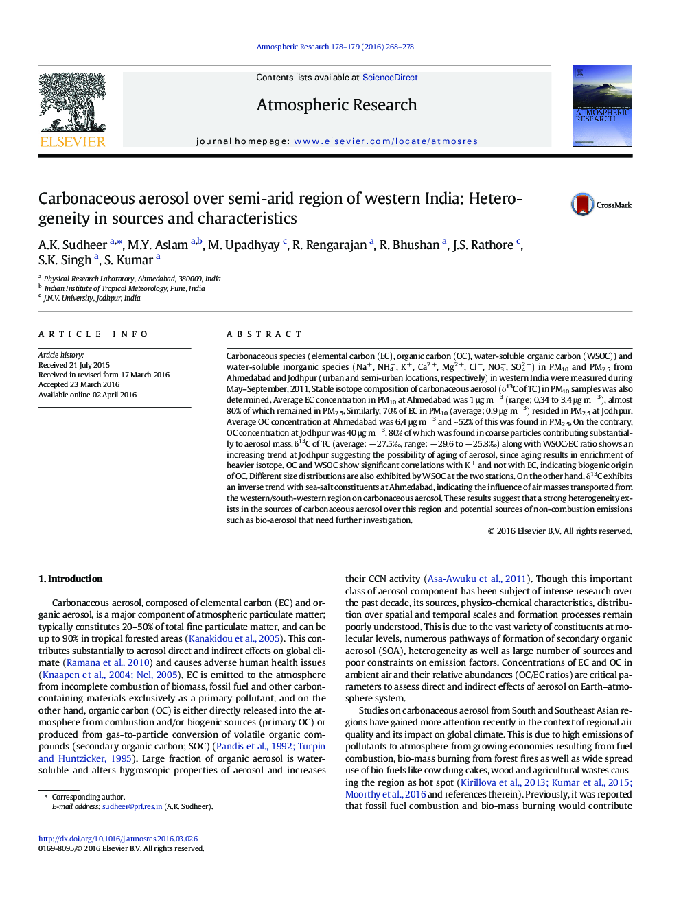 Carbonaceous aerosol over semi-arid region of western India: Heterogeneity in sources and characteristics