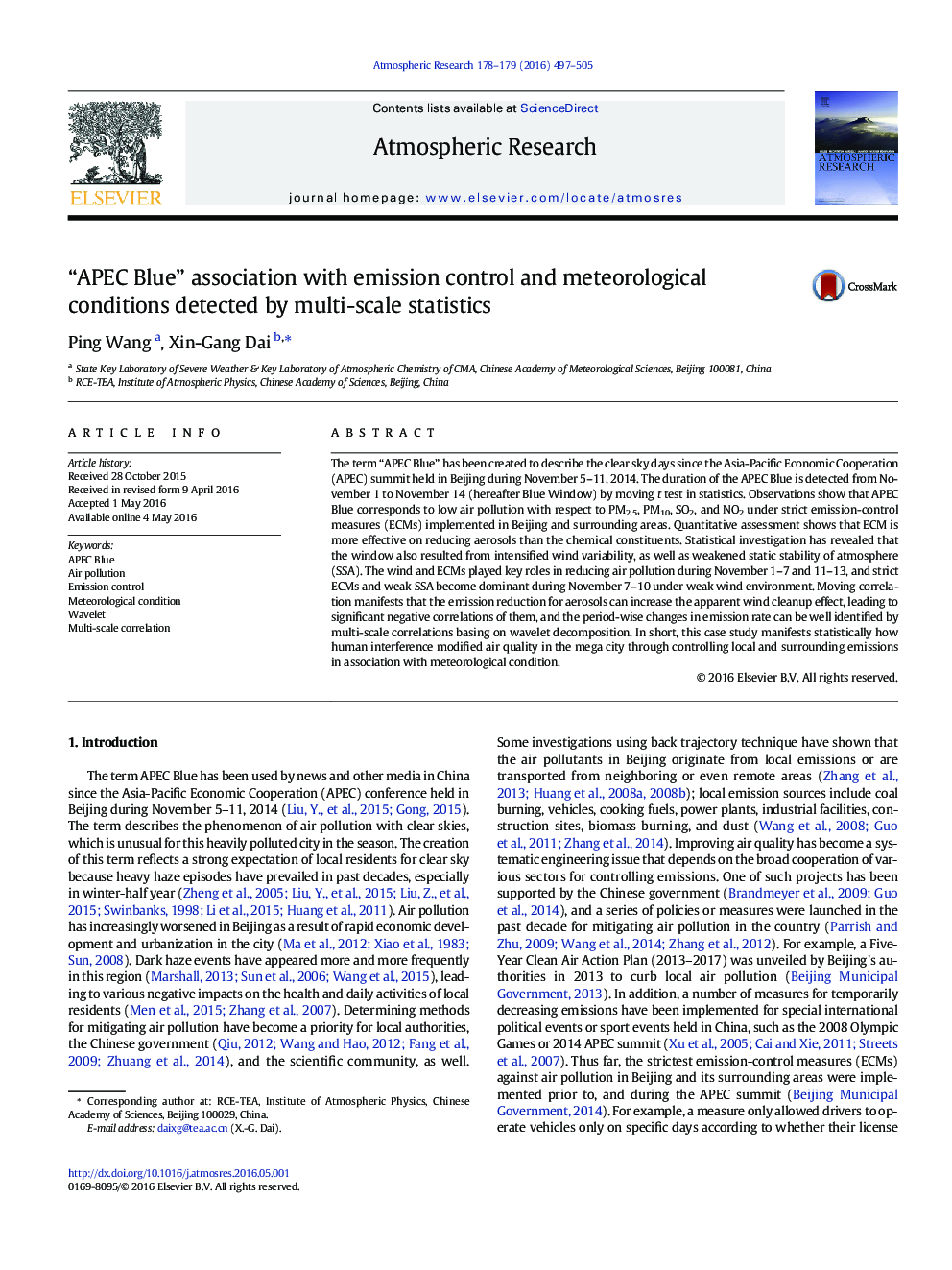 “APEC Blue” association with emission control and meteorological conditions detected by multi-scale statistics