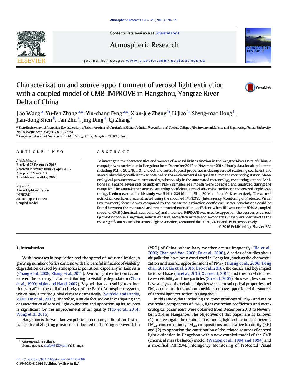 Characterization and source apportionment of aerosol light extinction with a coupled model of CMB-IMPROVE in Hangzhou, Yangtze River Delta of China