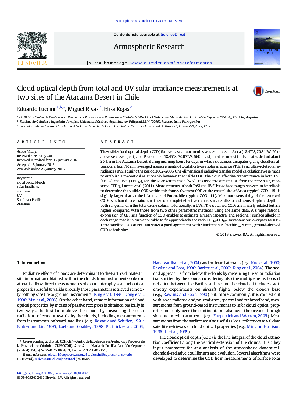 Cloud optical depth from total and UV solar irradiance measurements at two sites of the Atacama Desert in Chile