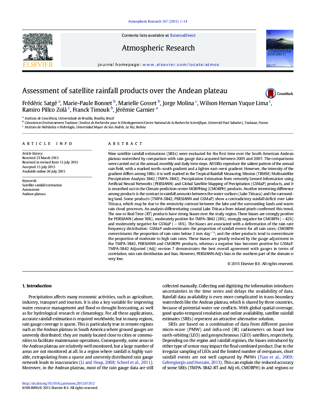 Assessment of satellite rainfall products over the Andean plateau