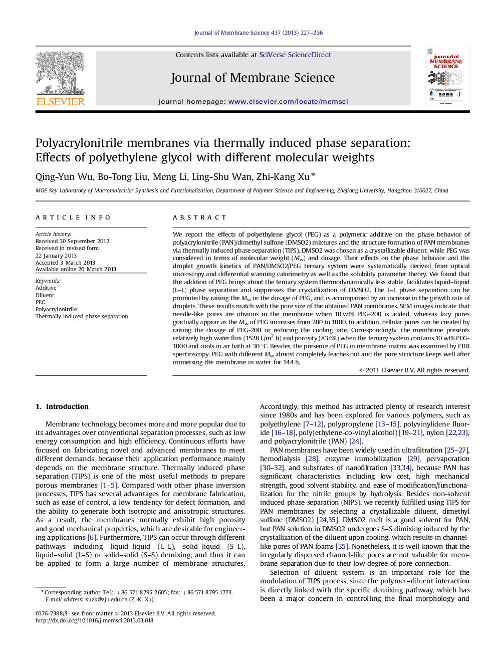 Polyacrylonitrile membranes via thermally induced phase separation: Effects of polyethylene glycol with different molecular weights