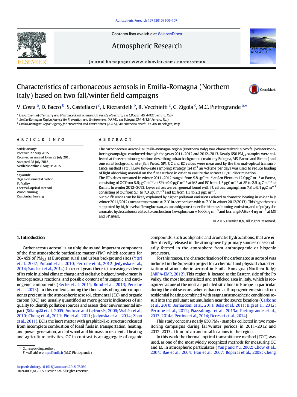 Characteristics of carbonaceous aerosols in Emilia-Romagna (Northern Italy) based on two fall/winter field campaigns