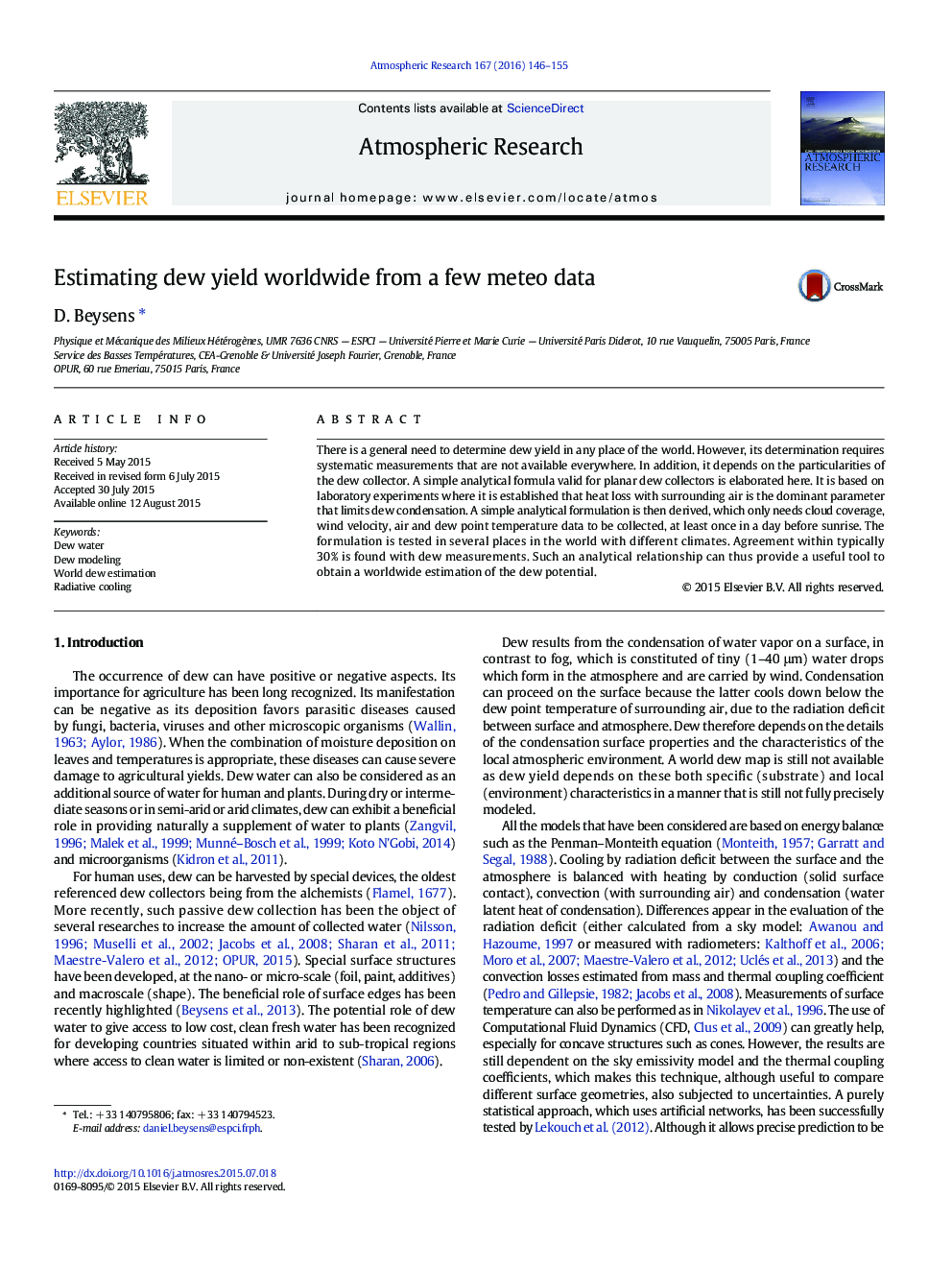 Estimating dew yield worldwide from a few meteo data