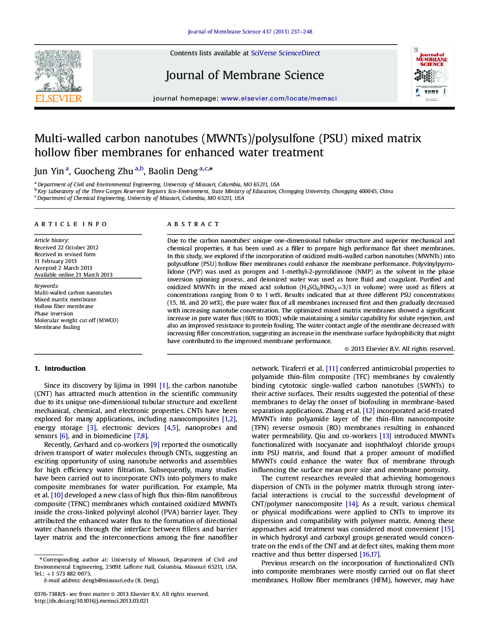 Multi-walled carbon nanotubes (MWNTs)/polysulfone (PSU) mixed matrix hollow fiber membranes for enhanced water treatment