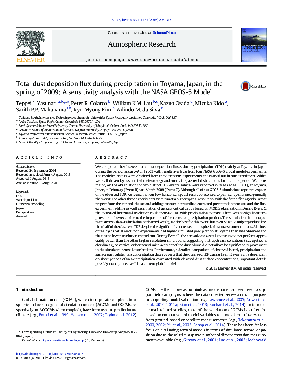 Total dust deposition flux during precipitation in Toyama, Japan, in the spring of 2009: A sensitivity analysis with the NASA GEOS-5 Model