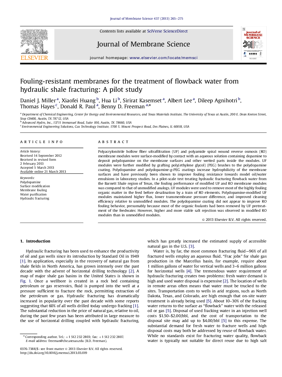 Fouling-resistant membranes for the treatment of flowback water from hydraulic shale fracturing: A pilot study