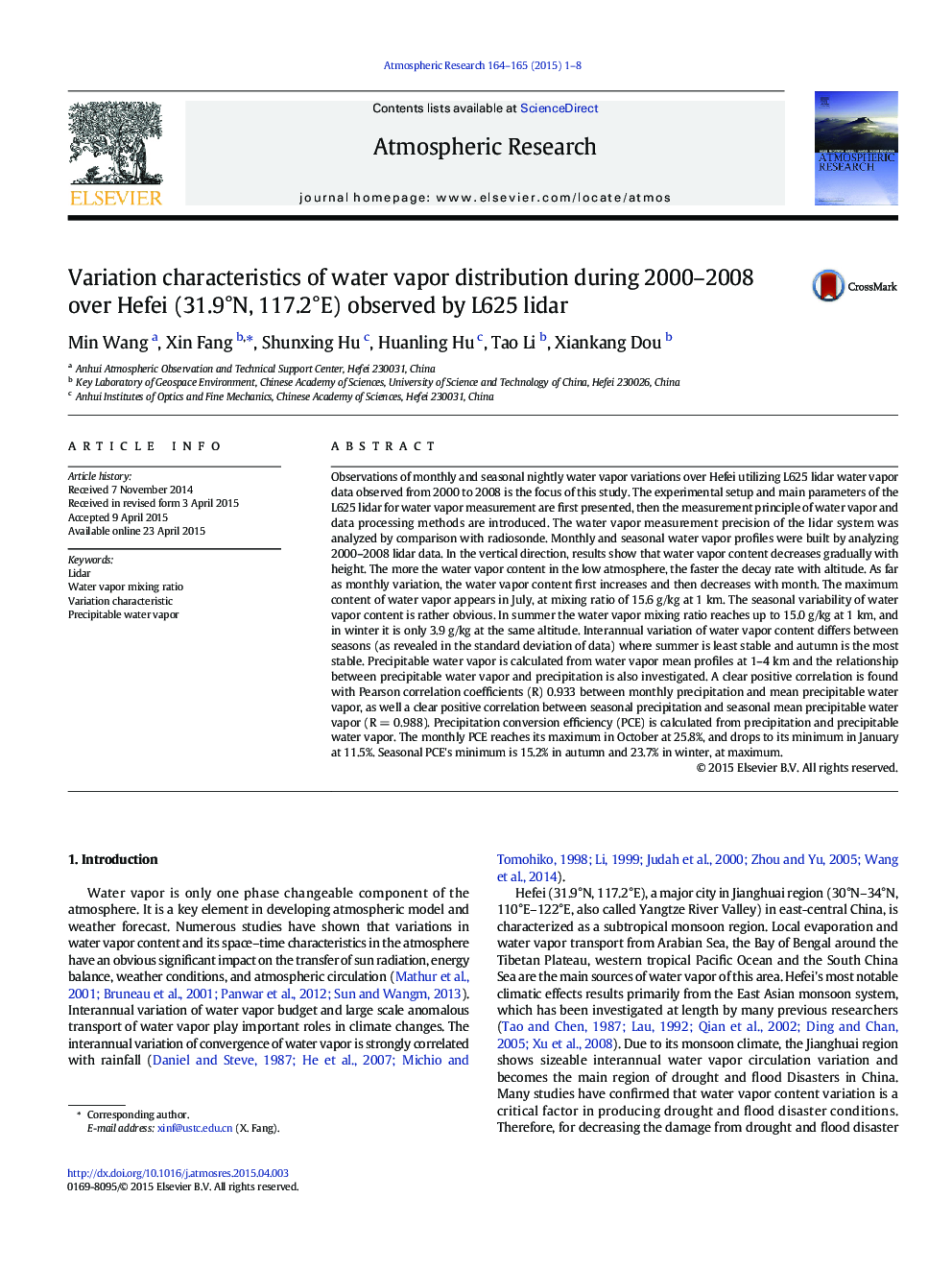 Variation characteristics of water vapor distribution during 2000-2008 over Hefei (31.9Â°N, 117.2Â°E) observed by L625 lidar