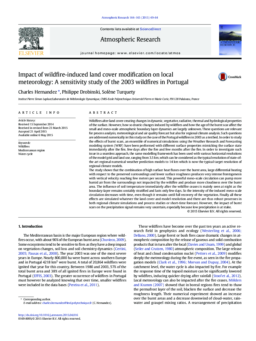 Impact of wildfire-induced land cover modification on local meteorology: A sensitivity study of the 2003 wildfires in Portugal