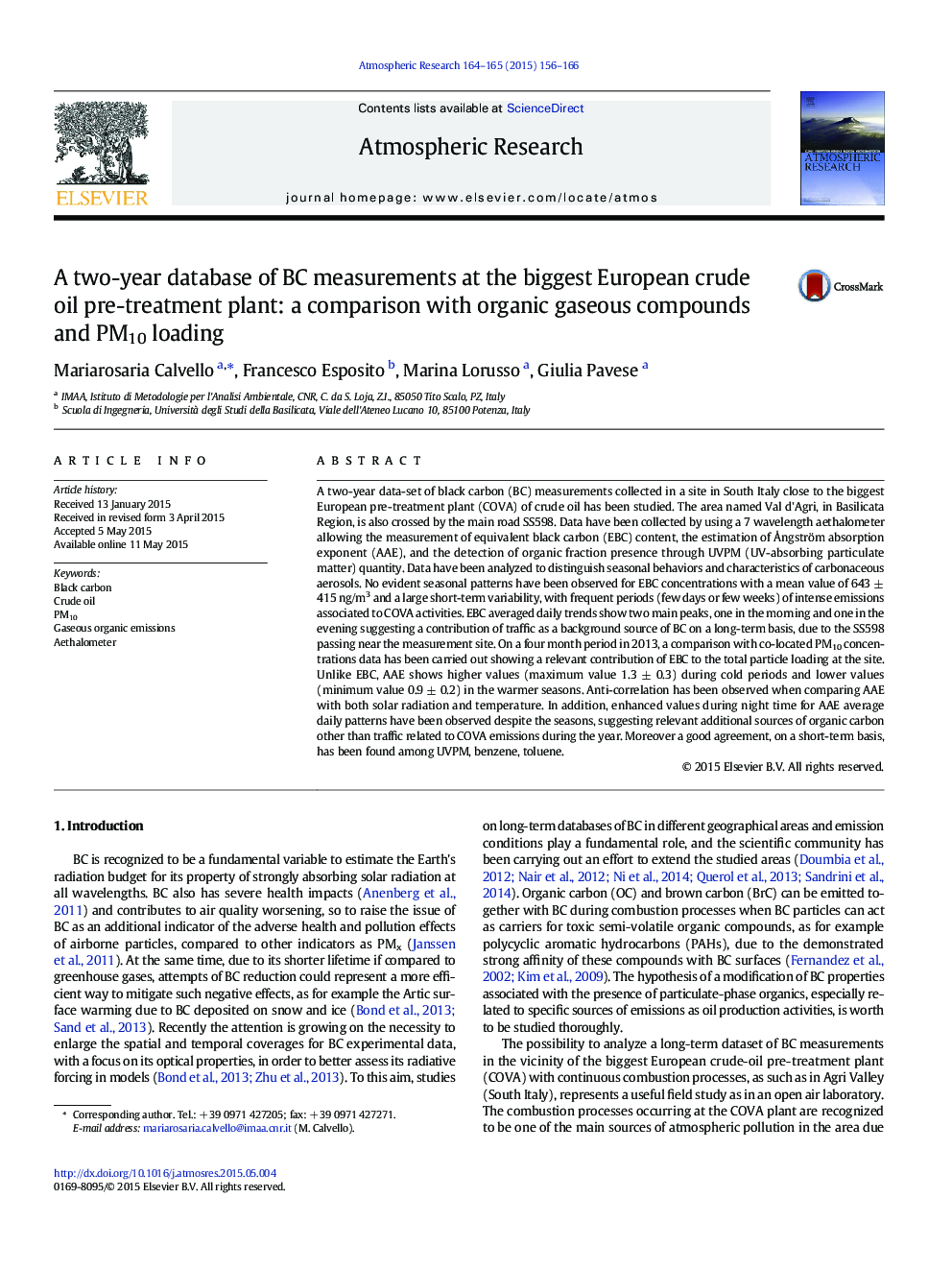 A two-year database of BC measurements at the biggest European crude oil pre-treatment plant: a comparison with organic gaseous compounds and PM10 loading