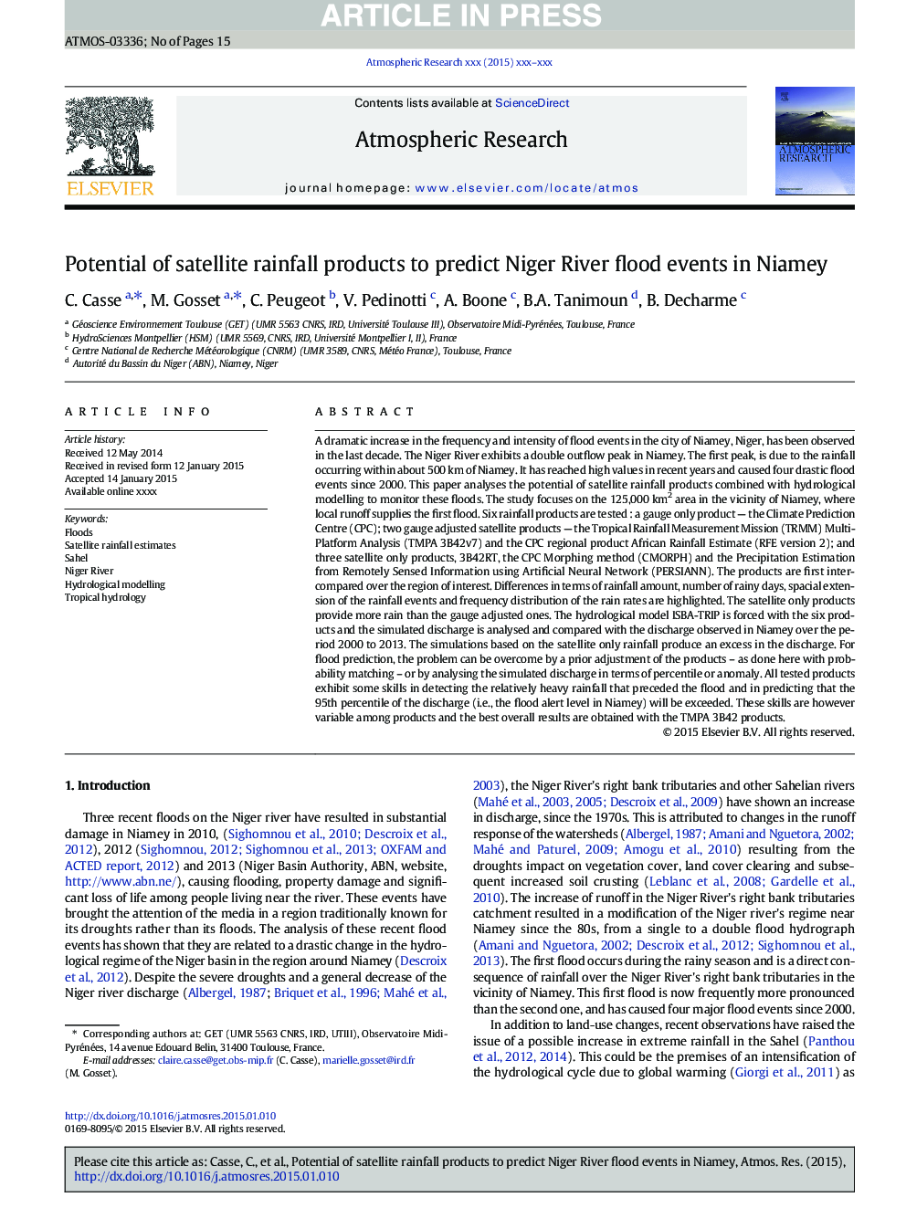 Potential of satellite rainfall products to predict Niger River flood events in Niamey