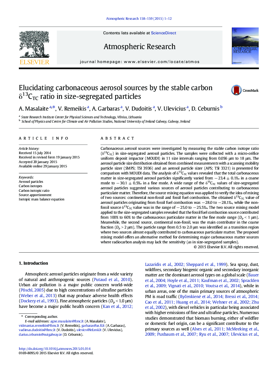 Elucidating carbonaceous aerosol sources by the stable carbon Î´13CTC ratio in size-segregated particles