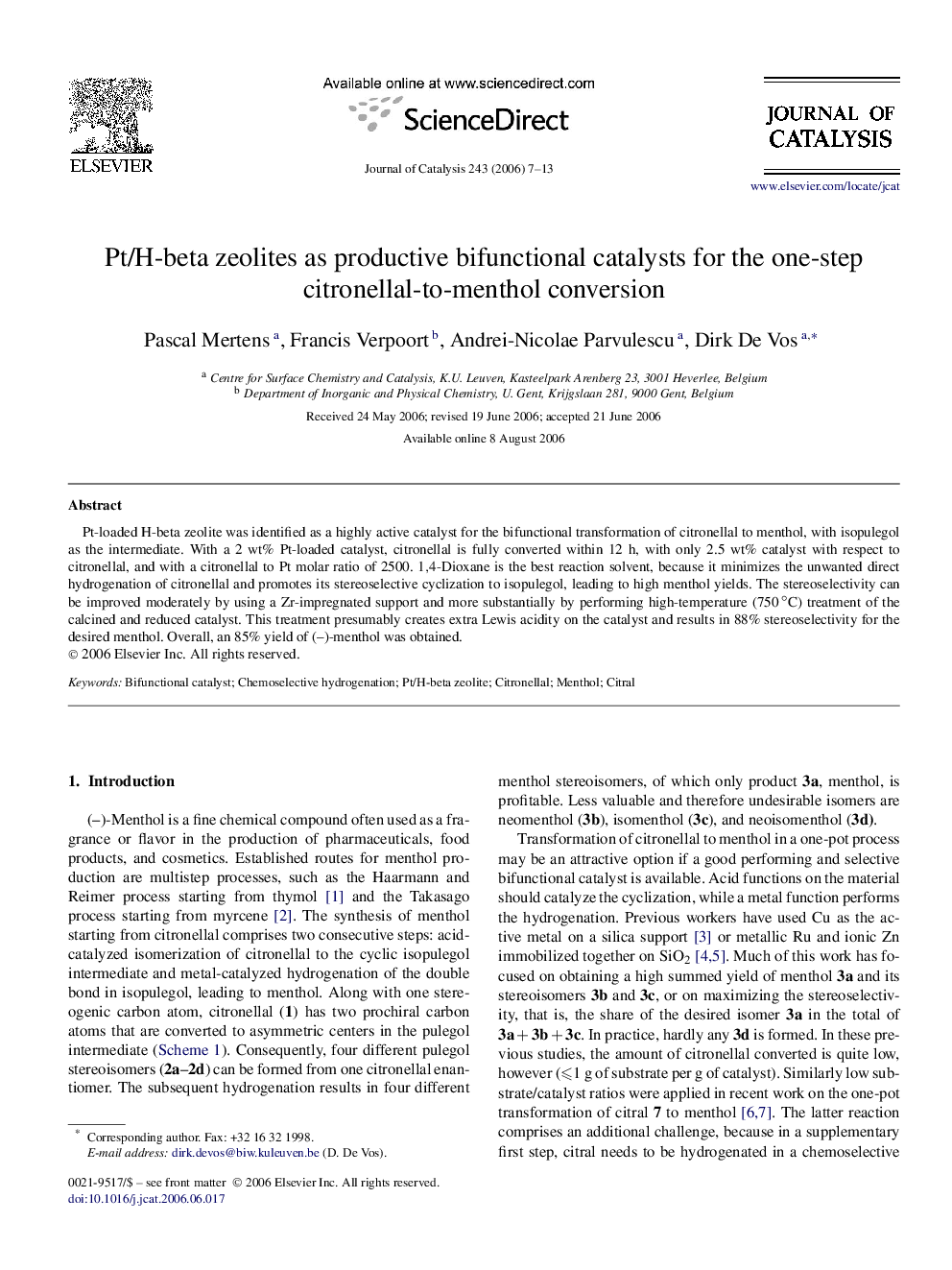 Pt/H-beta zeolites as productive bifunctional catalysts for the one-step citronellal-to-menthol conversion