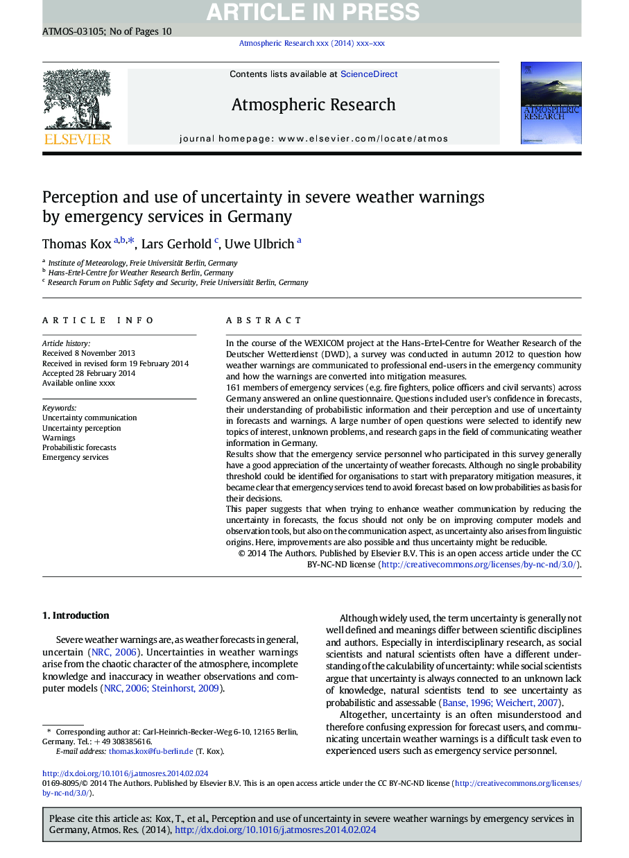 Perception and use of uncertainty in severe weather warnings by emergency services in Germany