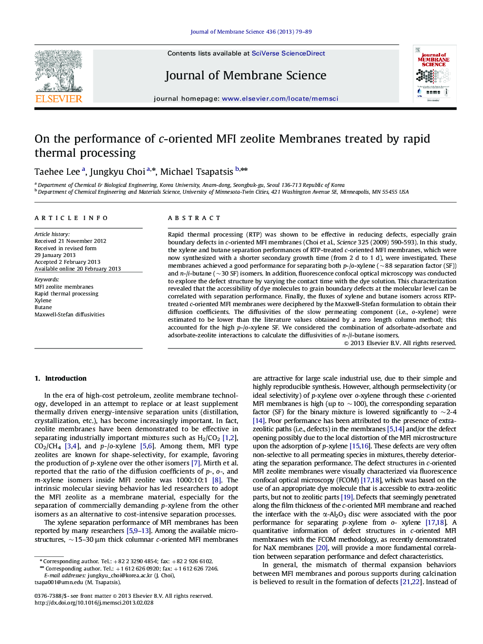 On the performance of c-oriented MFI zeolite Membranes treated by rapid thermal processing