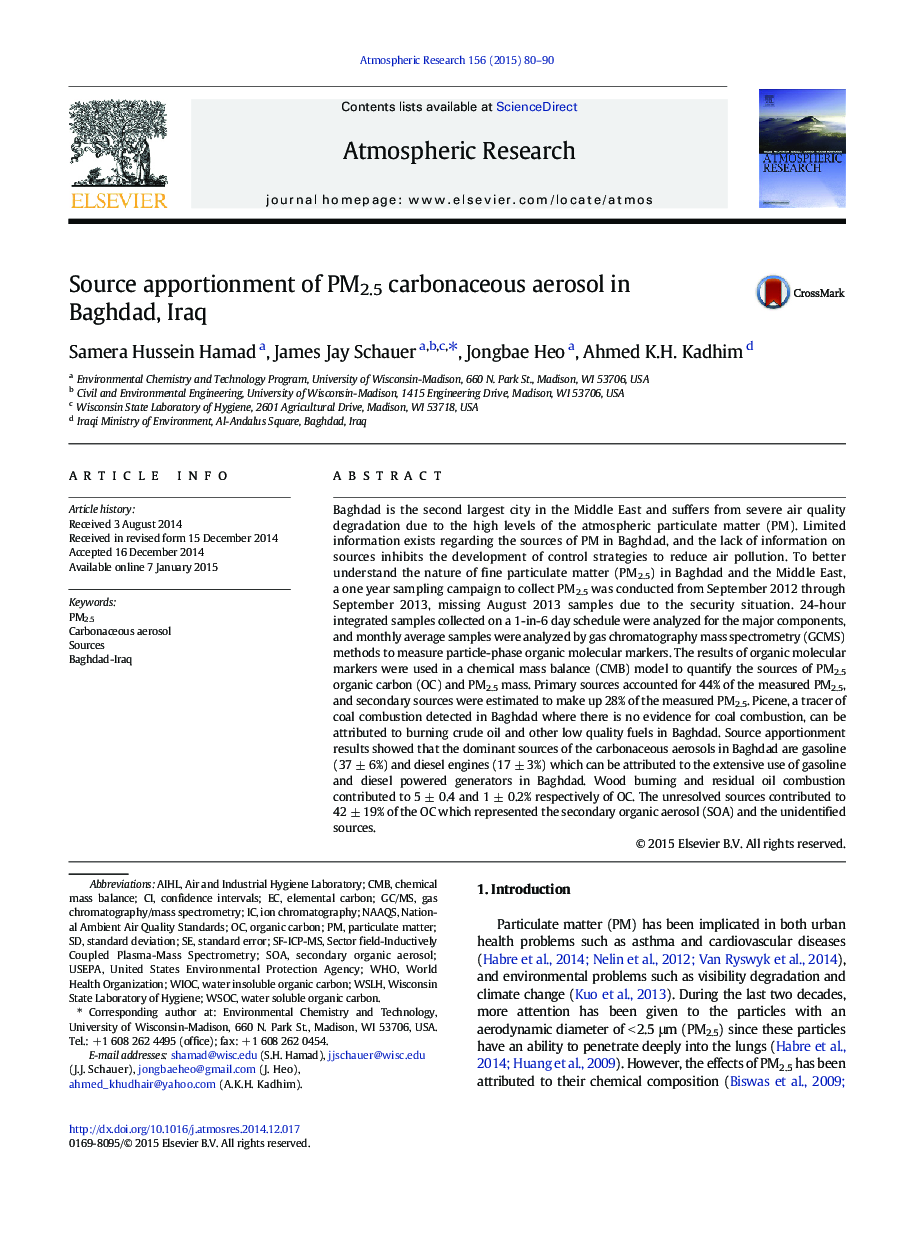 Source apportionment of PM2.5 carbonaceous aerosol in Baghdad, Iraq