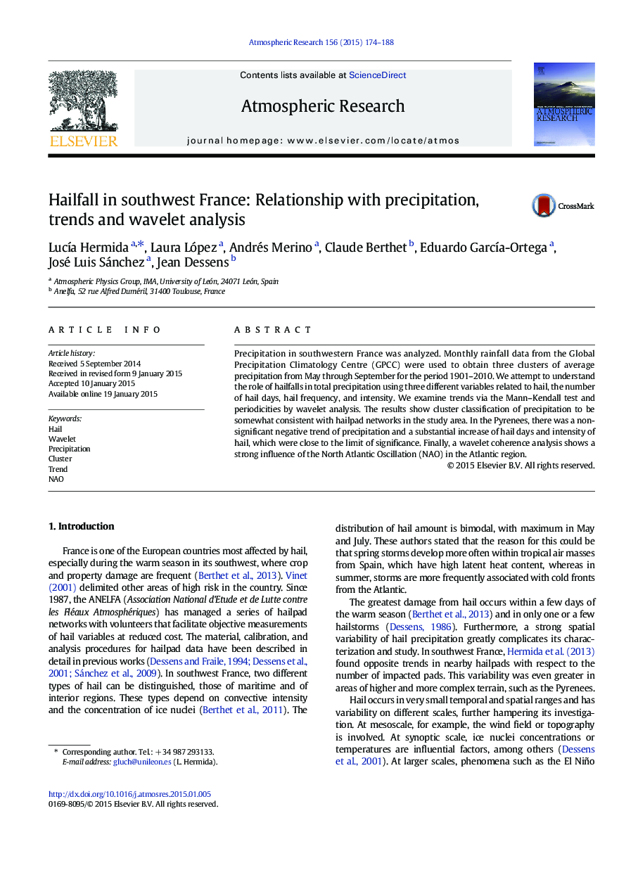 Hailfall in southwest France: Relationship with precipitation, trends and wavelet analysis