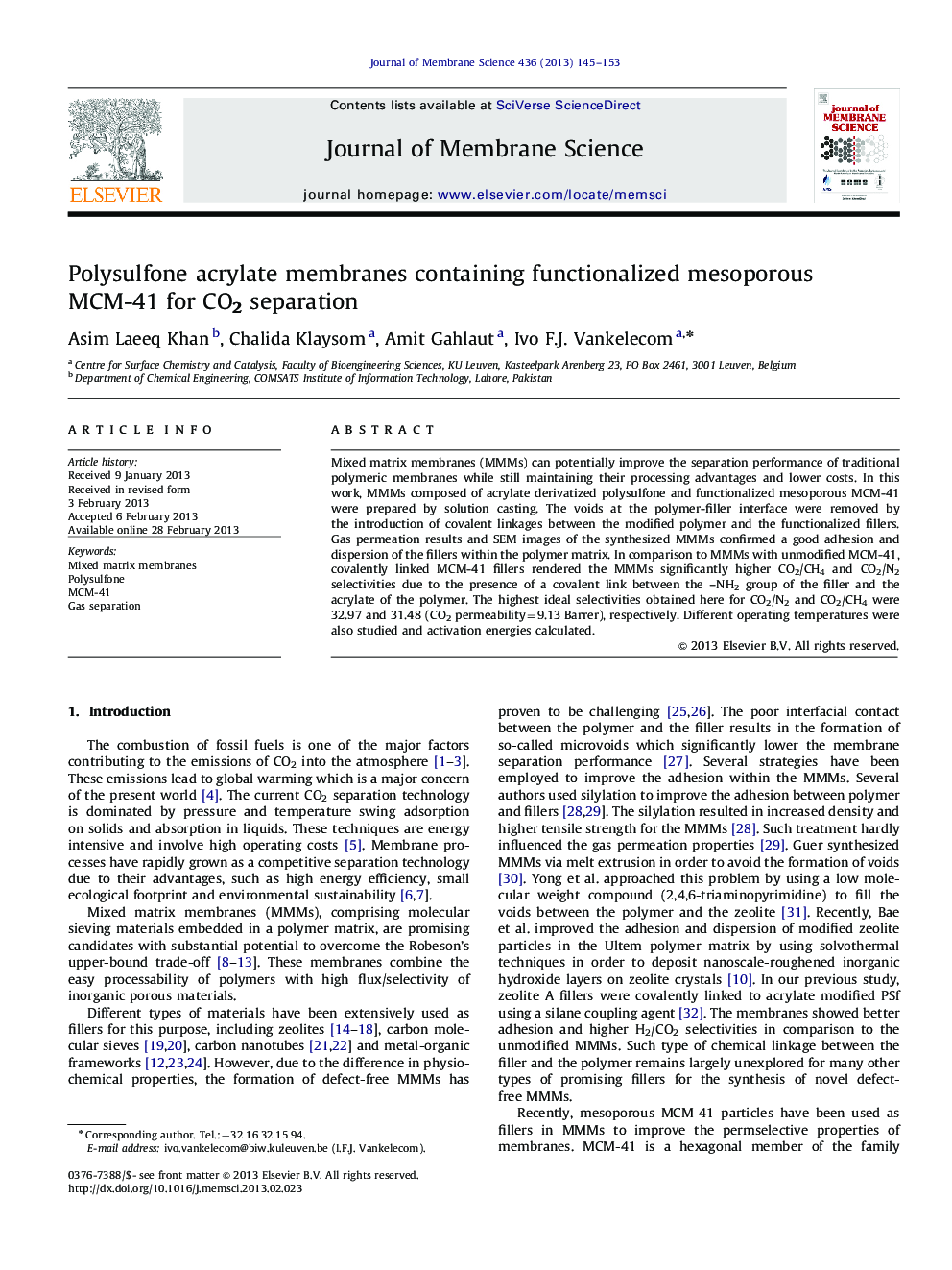 Polysulfone acrylate membranes containing functionalized mesoporous MCM-41 for CO2 separation