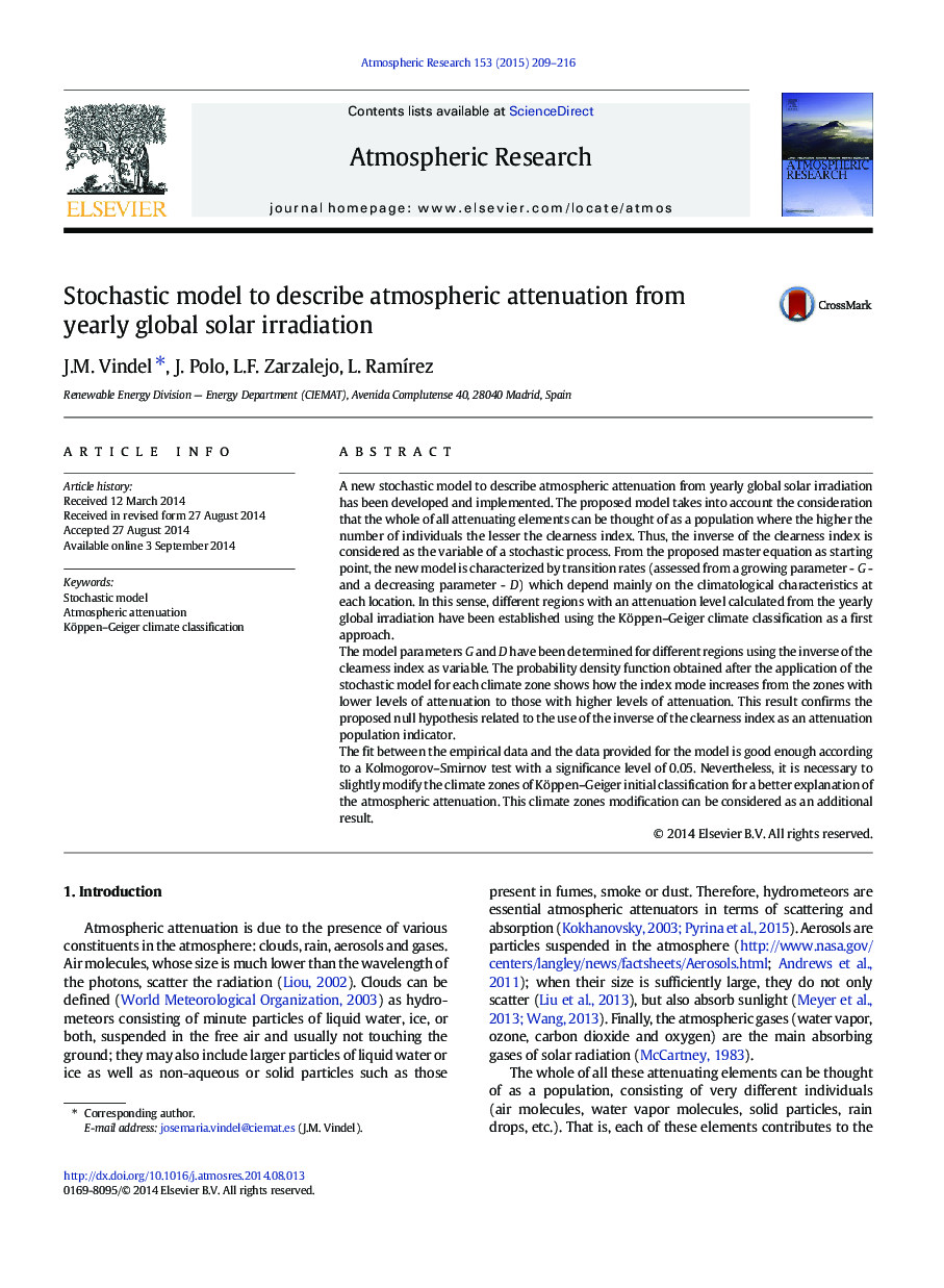 Stochastic model to describe atmospheric attenuation from yearly global solar irradiation